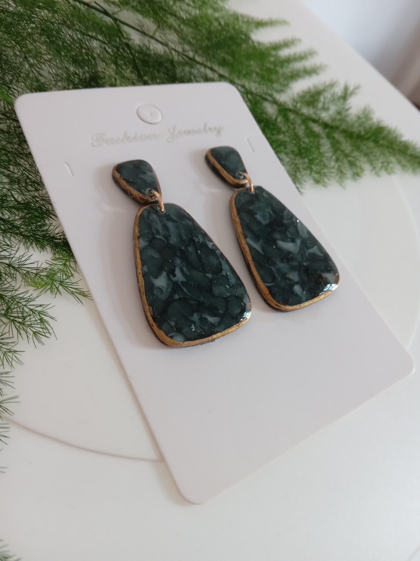 Handmade Dark Green Stone Diamond Drops Earrings - Lightweight Statement Earrings