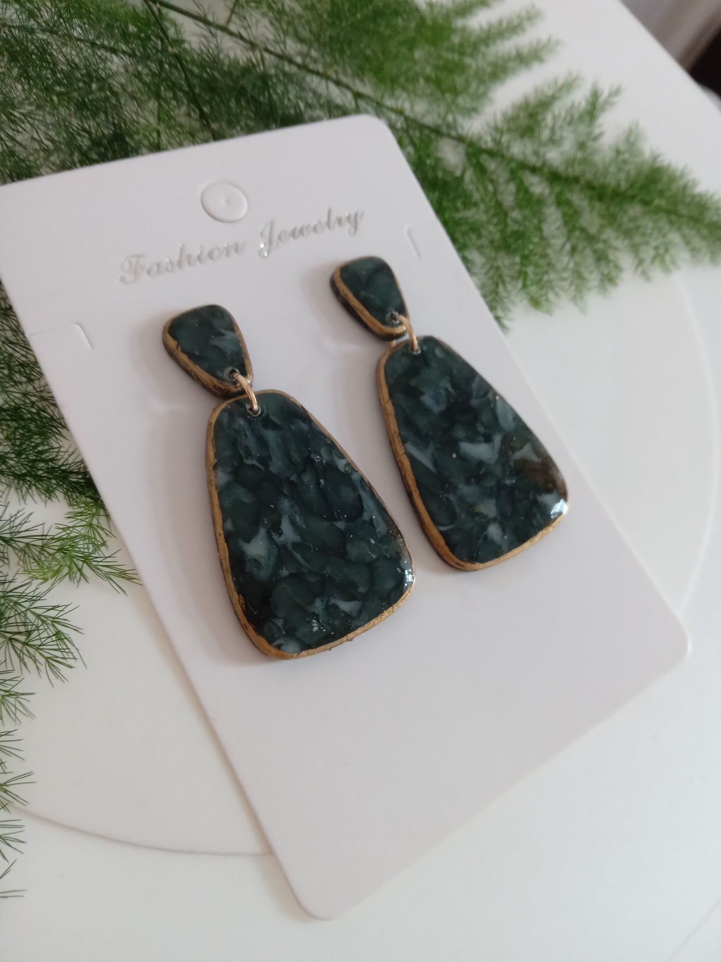 Handmade Dark Green Stone Diamond Drops Earrings - Lightweight Statement Earrings