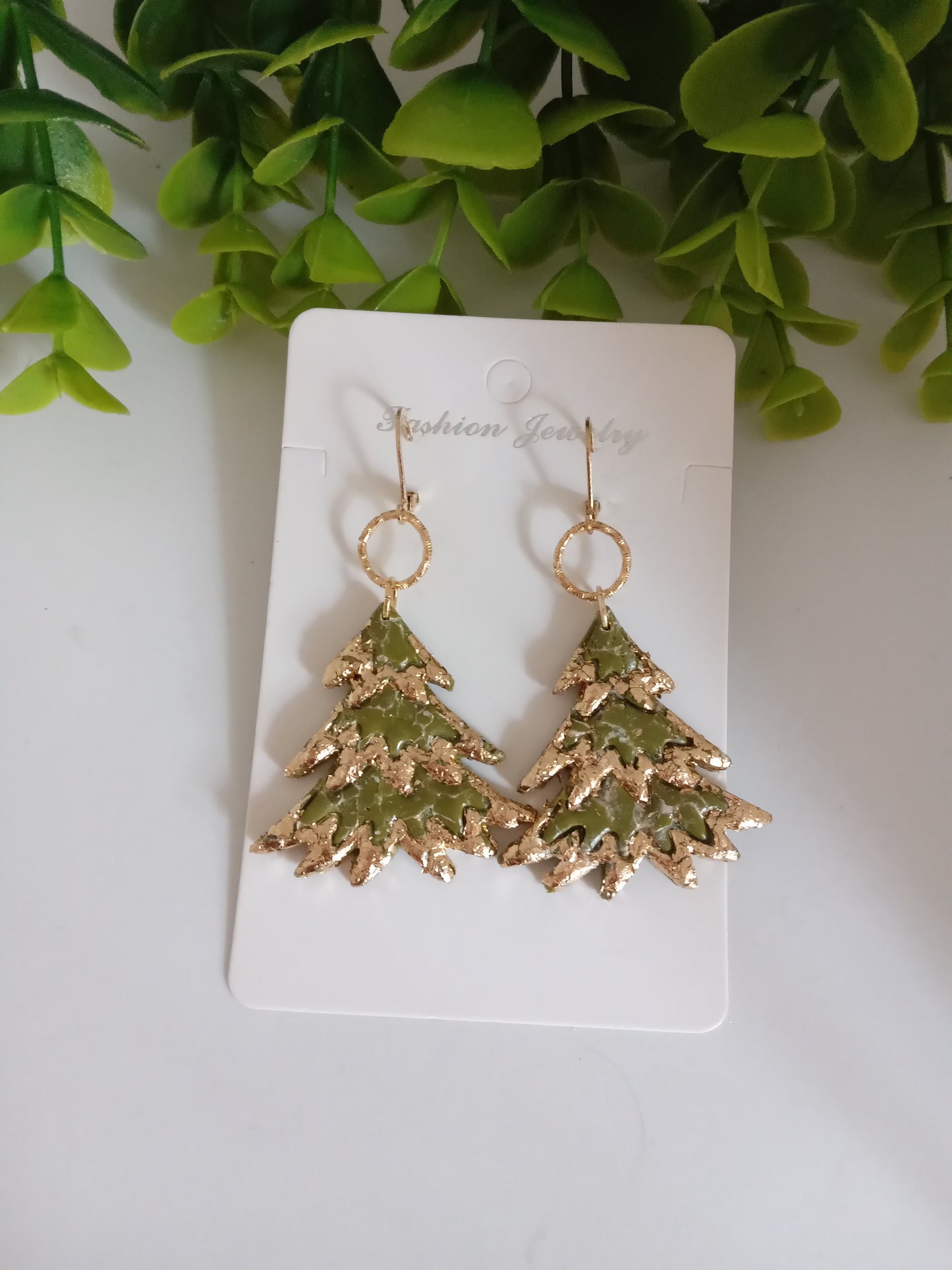 Bold Christmas Tree Earrings with Gold Foil- Handmade Holiday Jewelry for Women