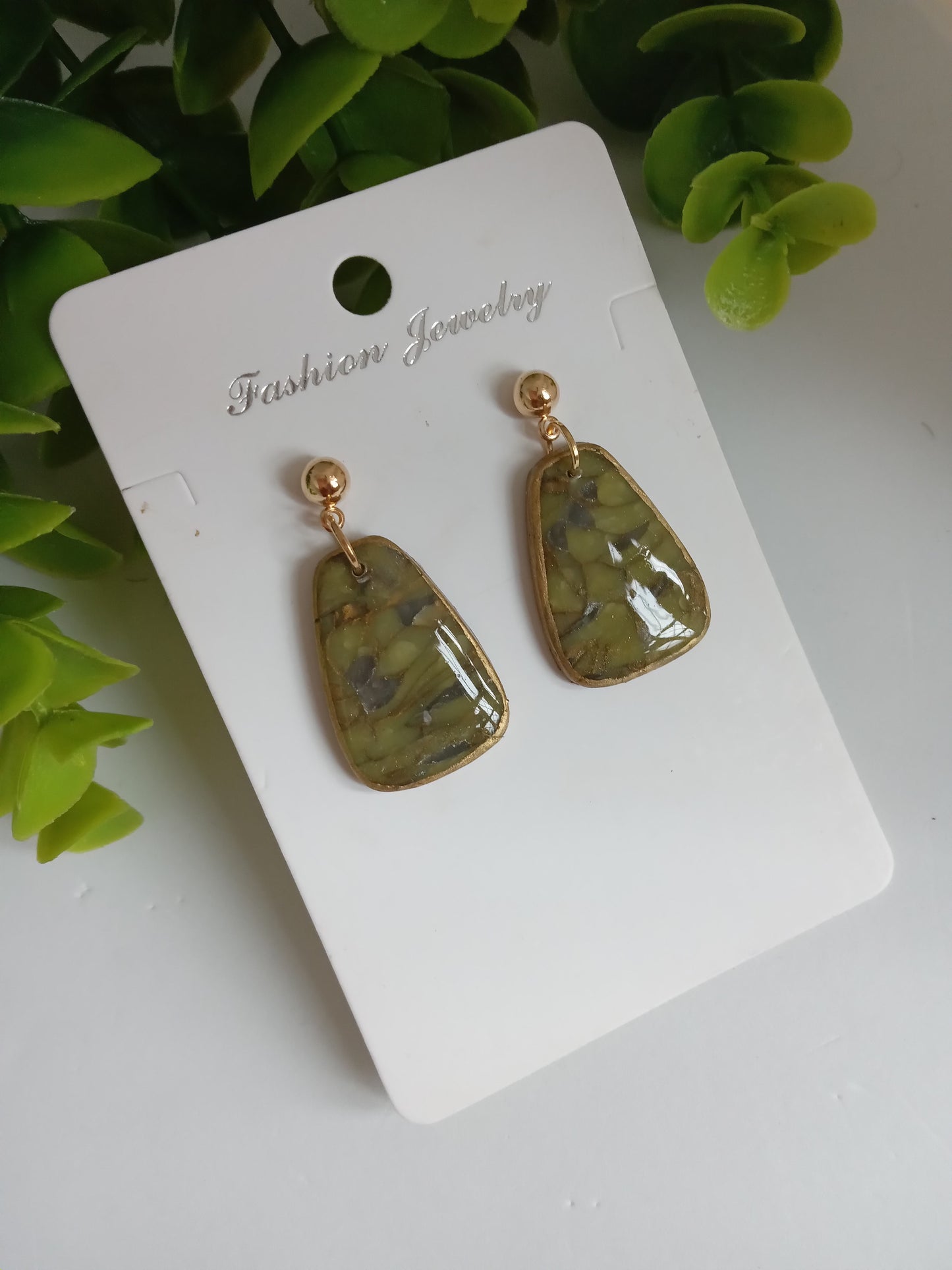 Handmade Green Marble Statement Drop Earrings – Lightweight Geometric Jewelry for Women, Elegant Everyday or Party Wear