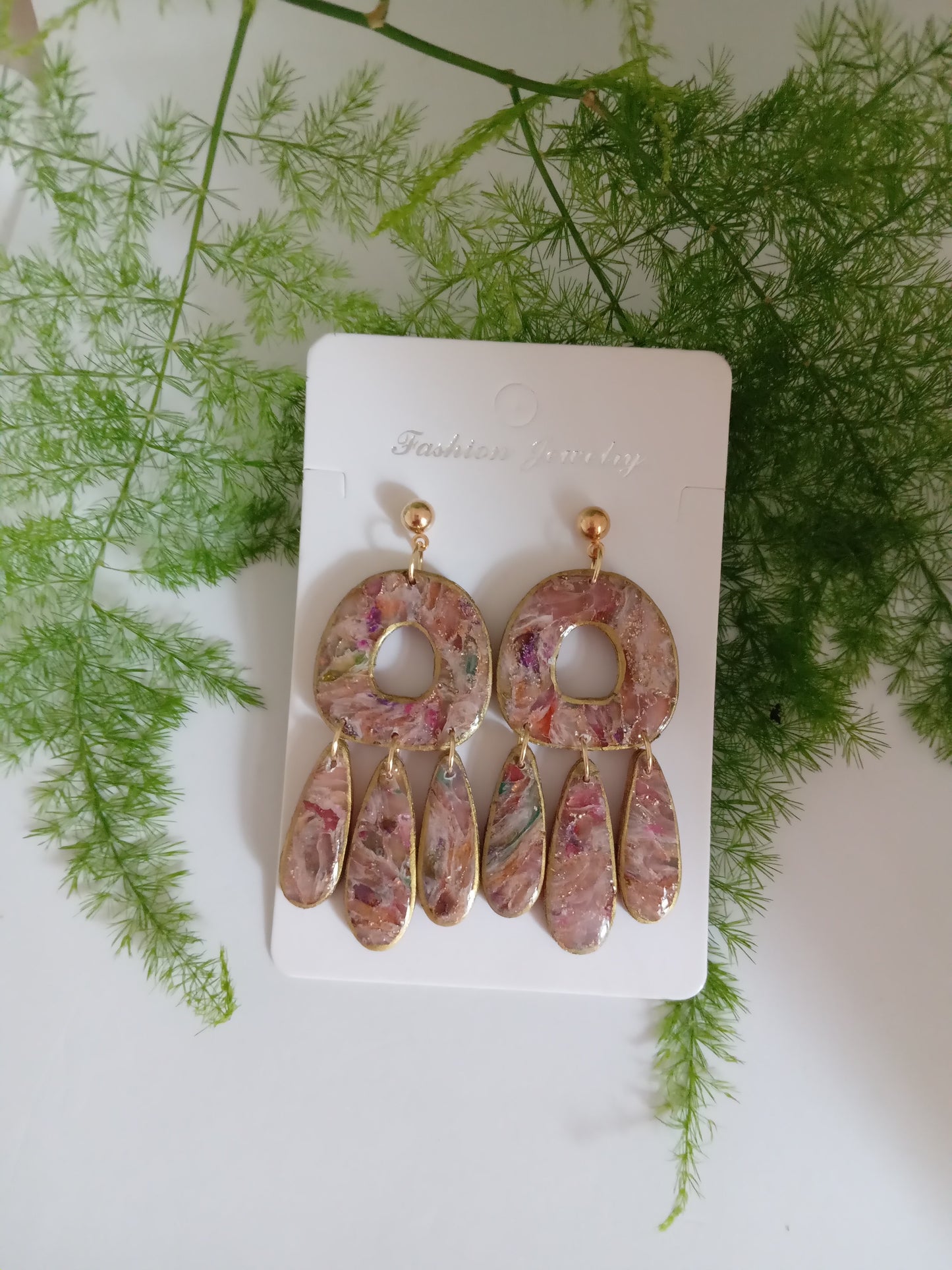 Polymer Clay Statement Earrings - Handmade Boho Drop Jewelry with Gold Accents