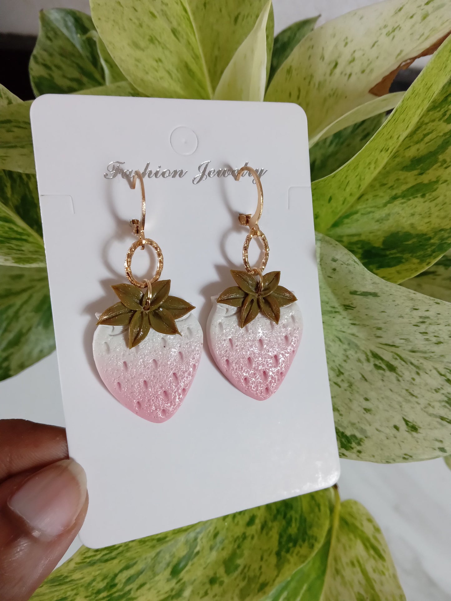 Handmade Dangle Strawberry Earrings - Pink White Polymer Clay Fruit Jewelry for Women