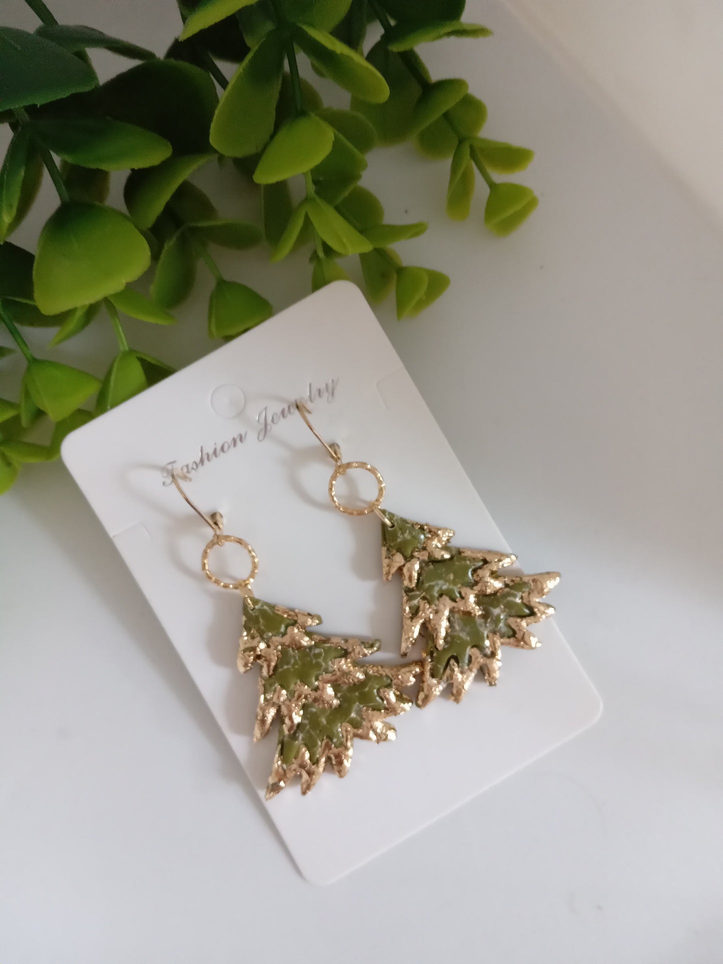 Bold Christmas Tree Earrings with Gold Foil- Handmade Holiday Jewelry for Women