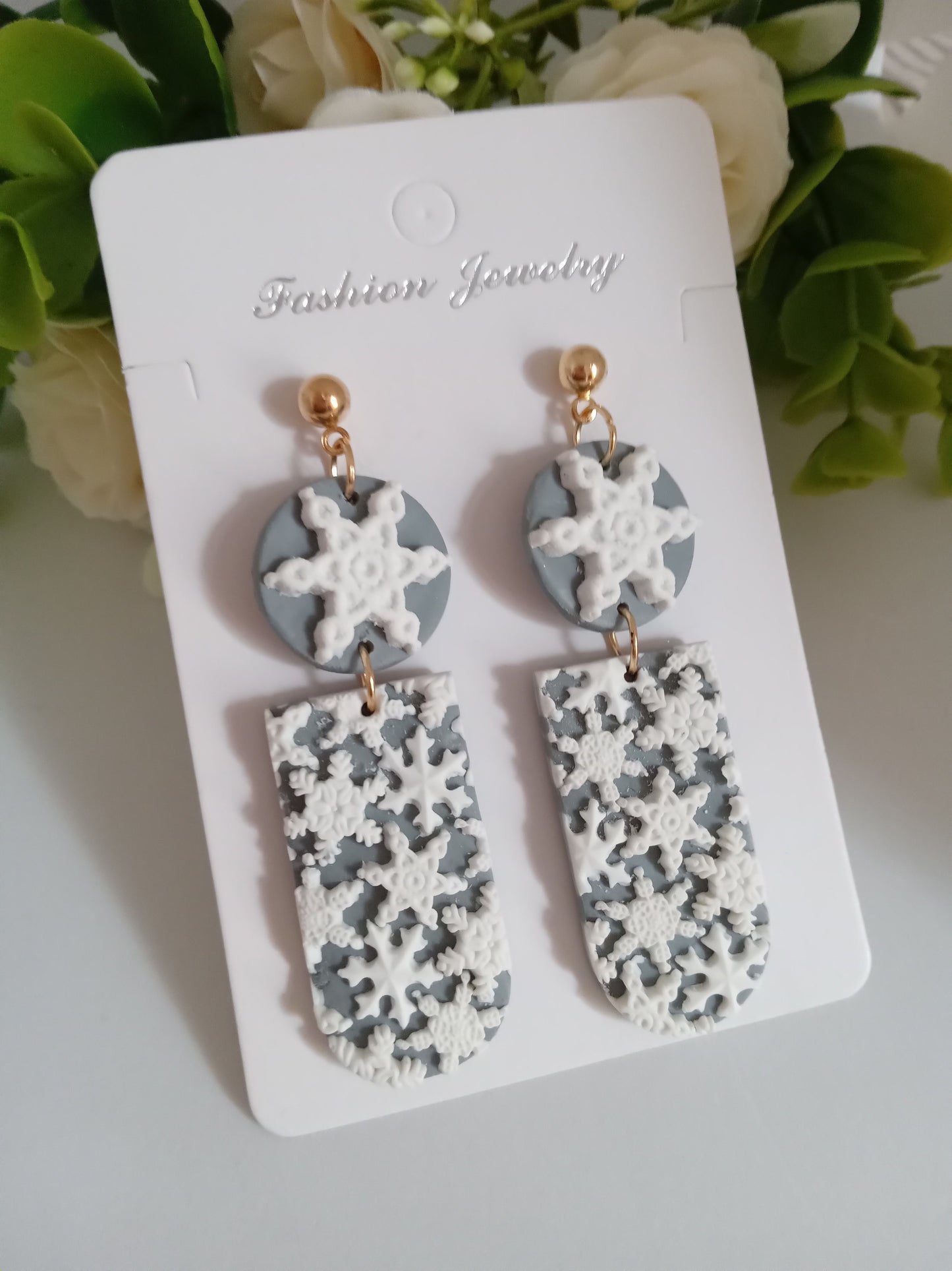 Snowflake Earrings- Winter Polymer Clay Drop Earrings/Handmade Holiday Jewelry