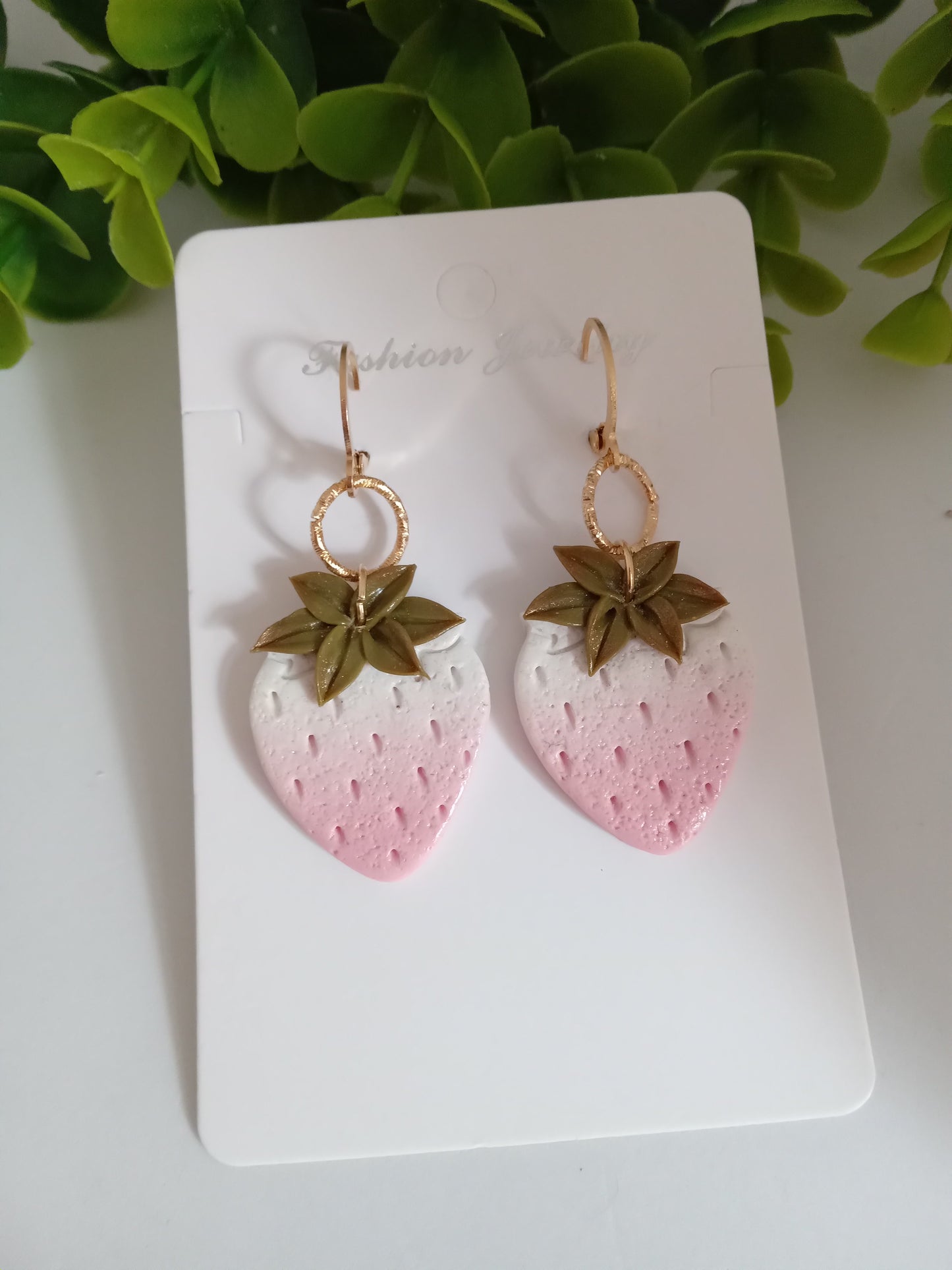 Handmade Dangle Strawberry Earrings - Pink White Polymer Clay Fruit Jewelry for Women