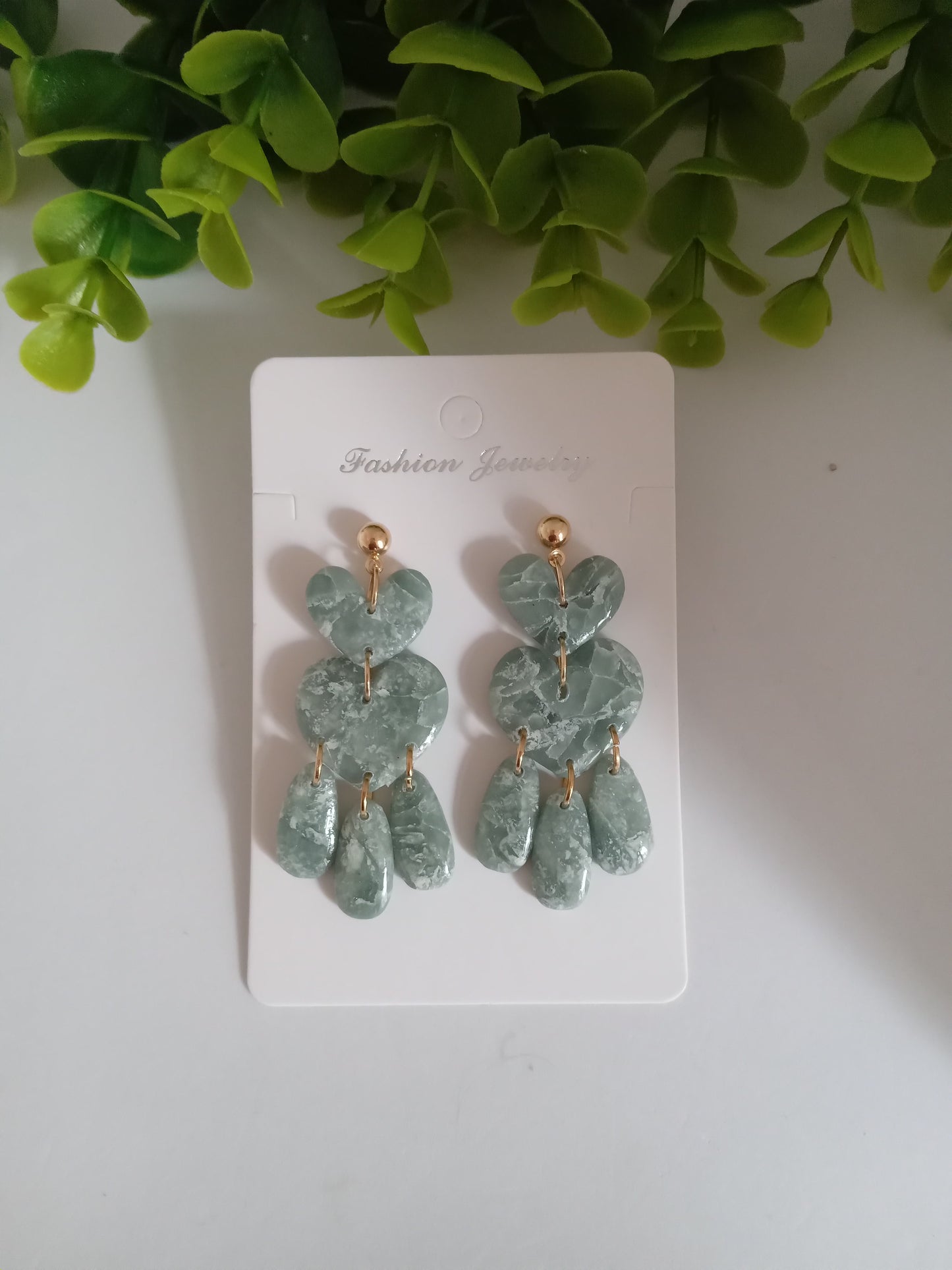 Green Marble Heart Dangle Earrings - Lightweight Clay Statement Jewelry