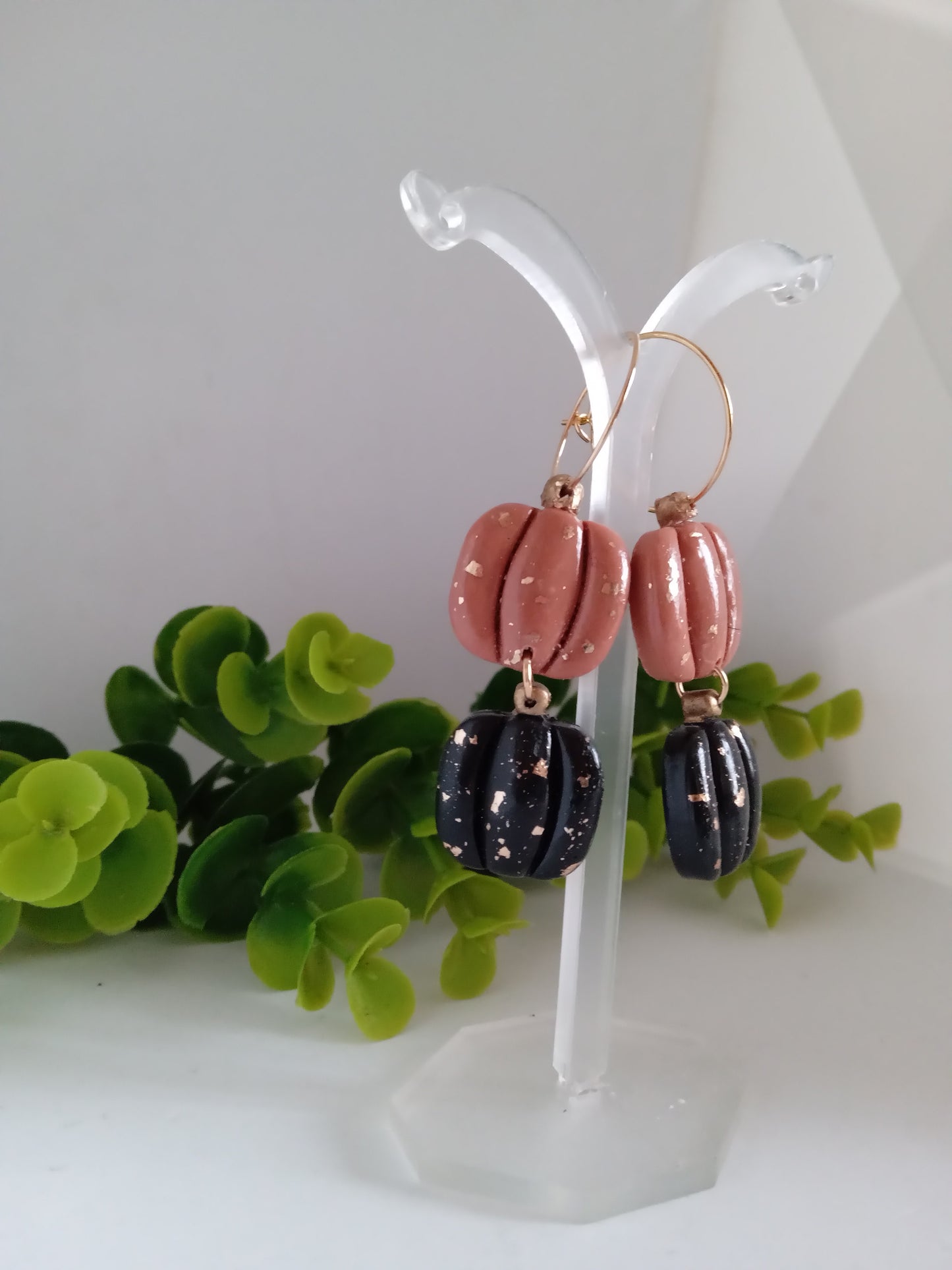 Handmade Pumpkin Earrings – Halloween Polymer Clay Dangle Earrings with Gold Foil | Black & Brown Fall Jewelry