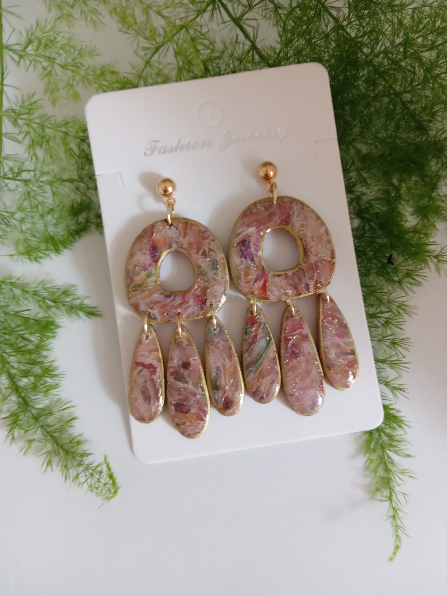 Polymer Clay Statement Earrings - Handmade Boho Drop Jewelry with Gold Accents