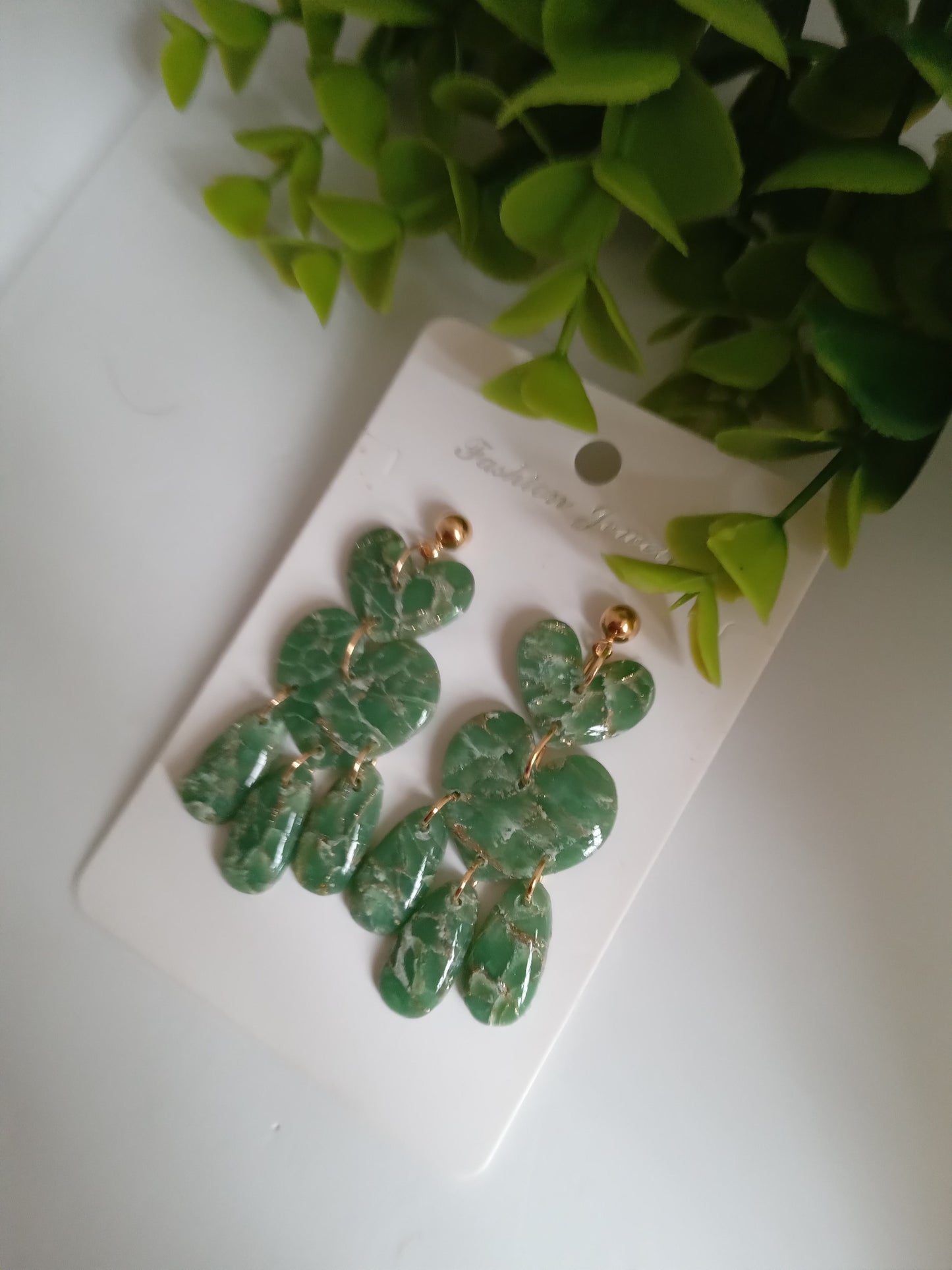 Green Marble Statement Dangle Earrings – Handmade Lightweight Drop Earrings for Women, Elegant Boho Jewelry Gift