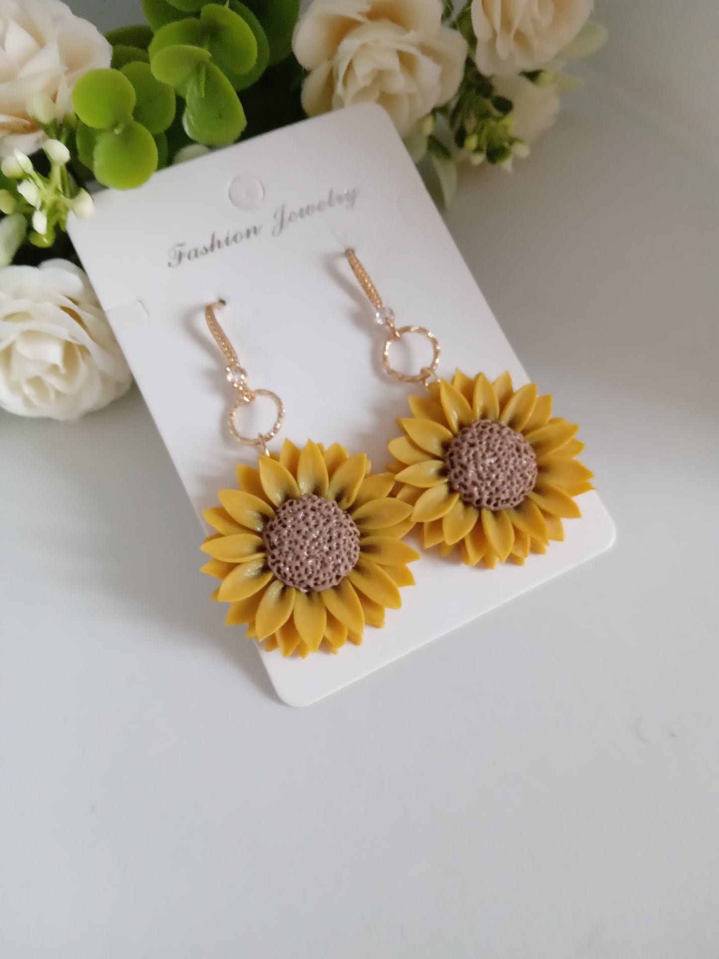 Sunflower Dangle Earrings - Handmade Yellow Clay Flower Jewelry
