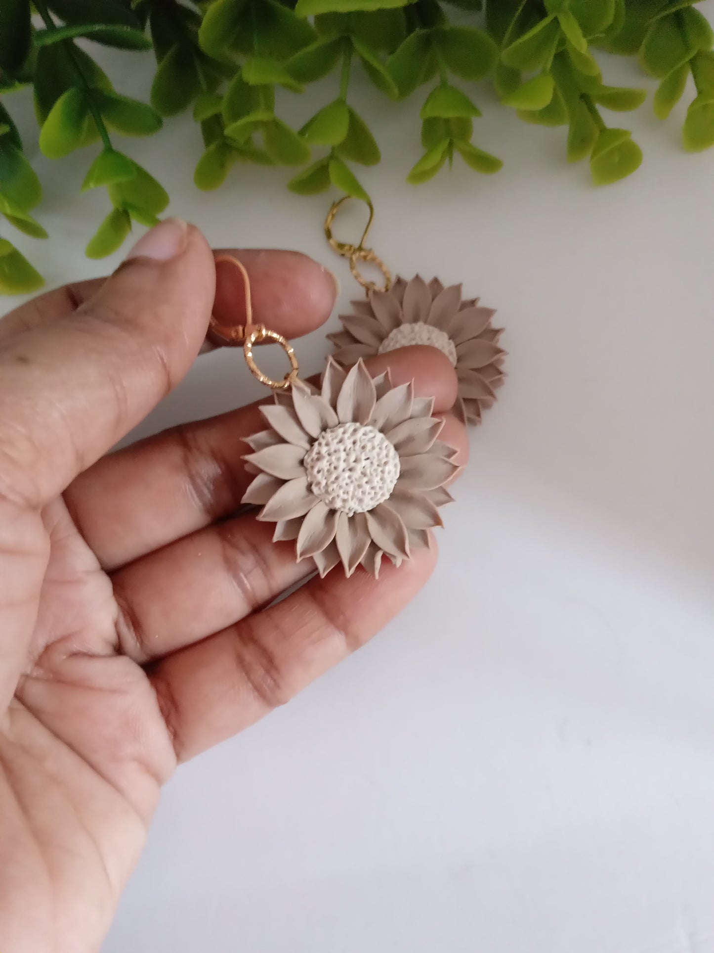 Polymer Clay Sunflower Earrings- Handmade Beige Flower Dangles for Women
