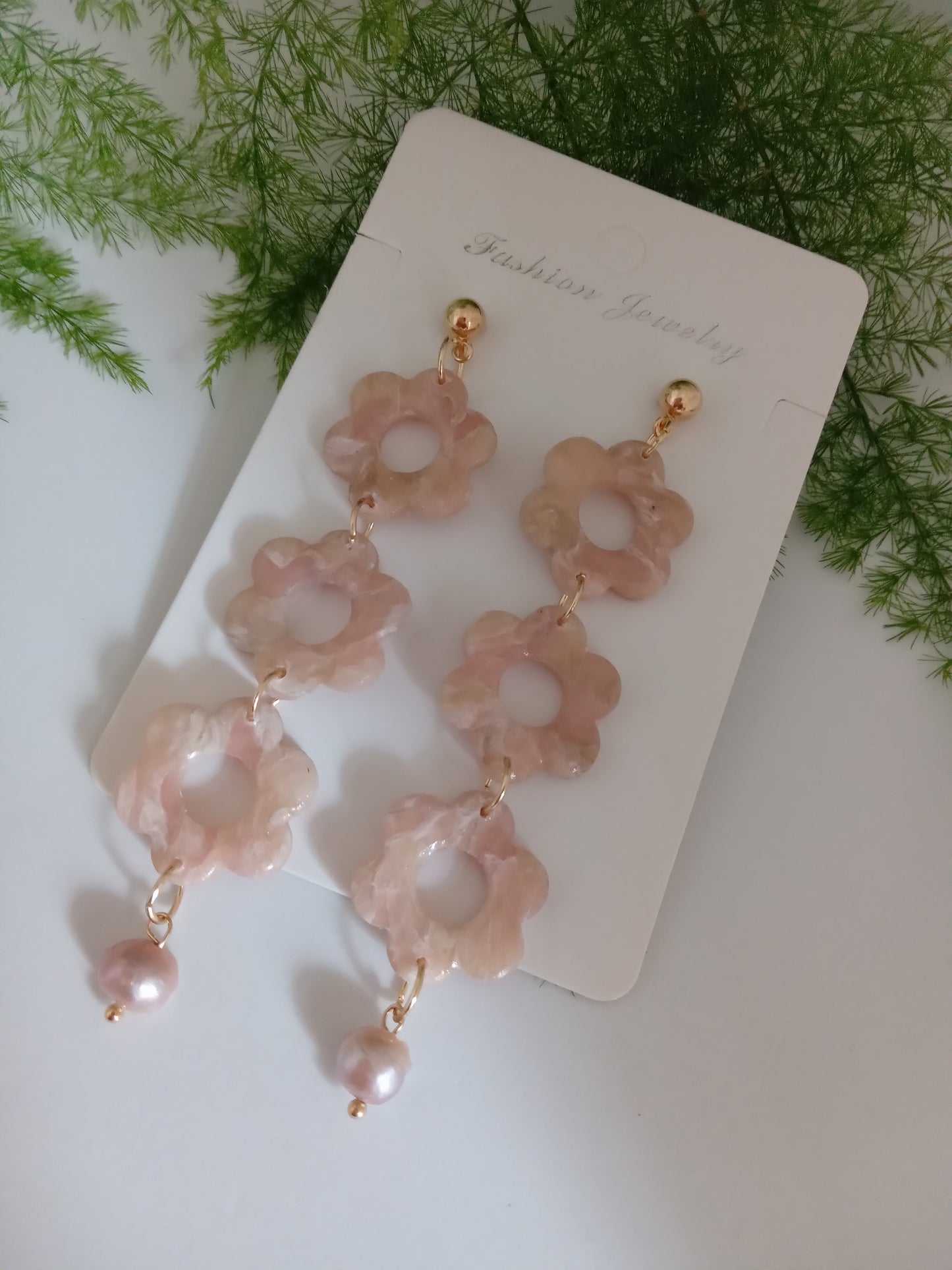 Handmade Pink Flower Earrings with Fresh Water Pearl - Lightweight Floral Dangle Jewelry for Women