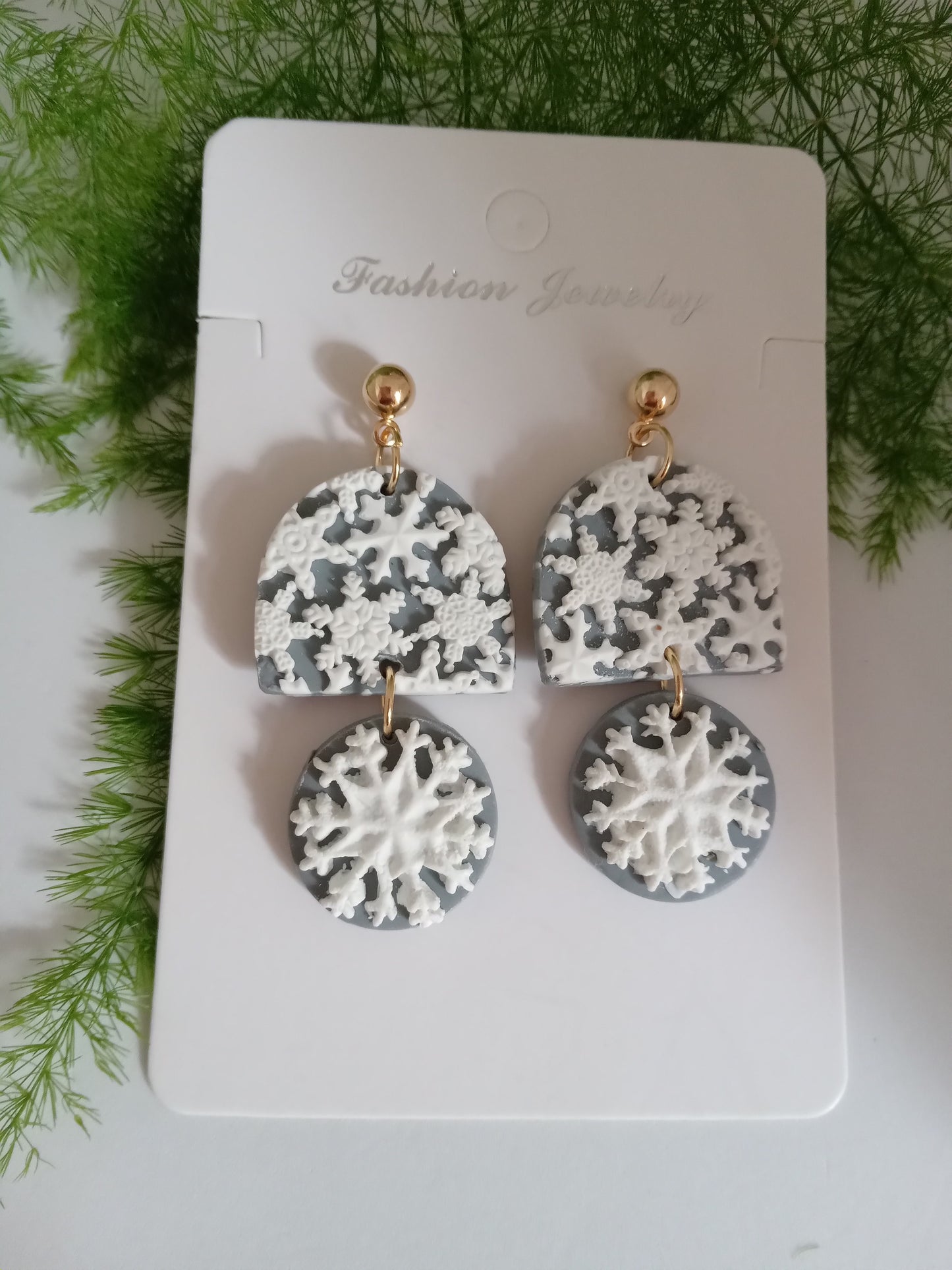 Snowflake Earrings - Winter Polymer Clay Drop Earrings/Handmade Holiday Jewelry
