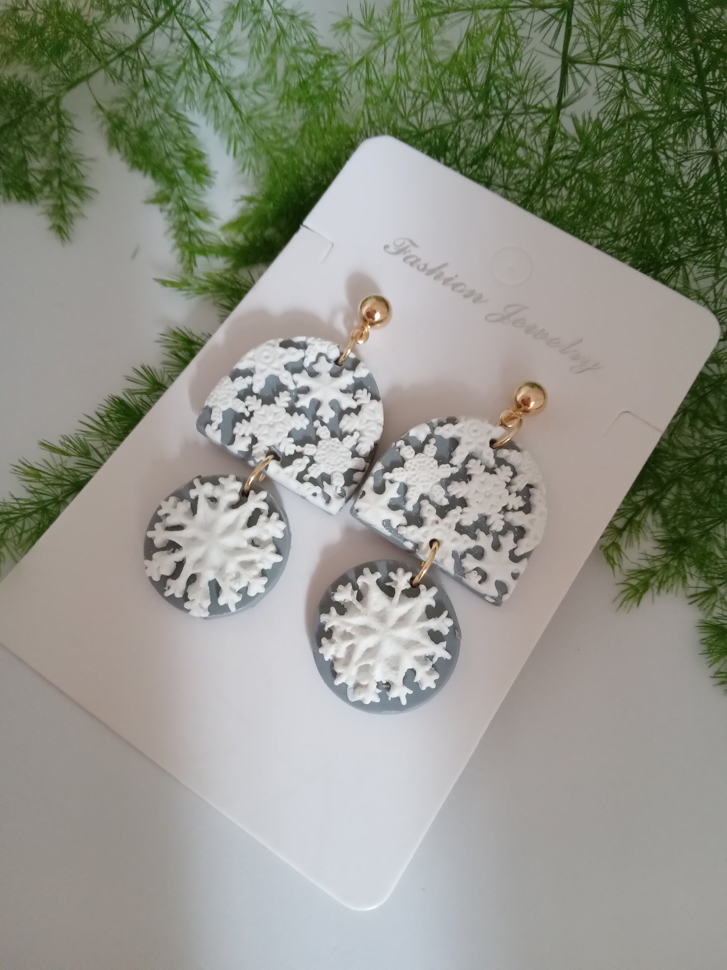 Snowflake Earrings - Winter Polymer Clay Drop Earrings/Handmade Holiday Jewelry