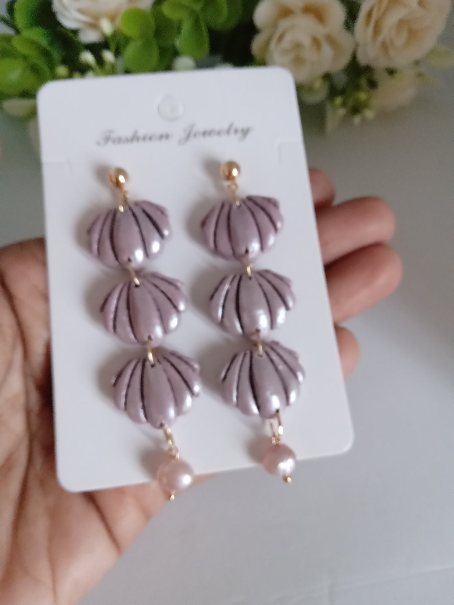 Handmade Lilac Shell Earrings - Fresh Water Pearl Statement Jewelry