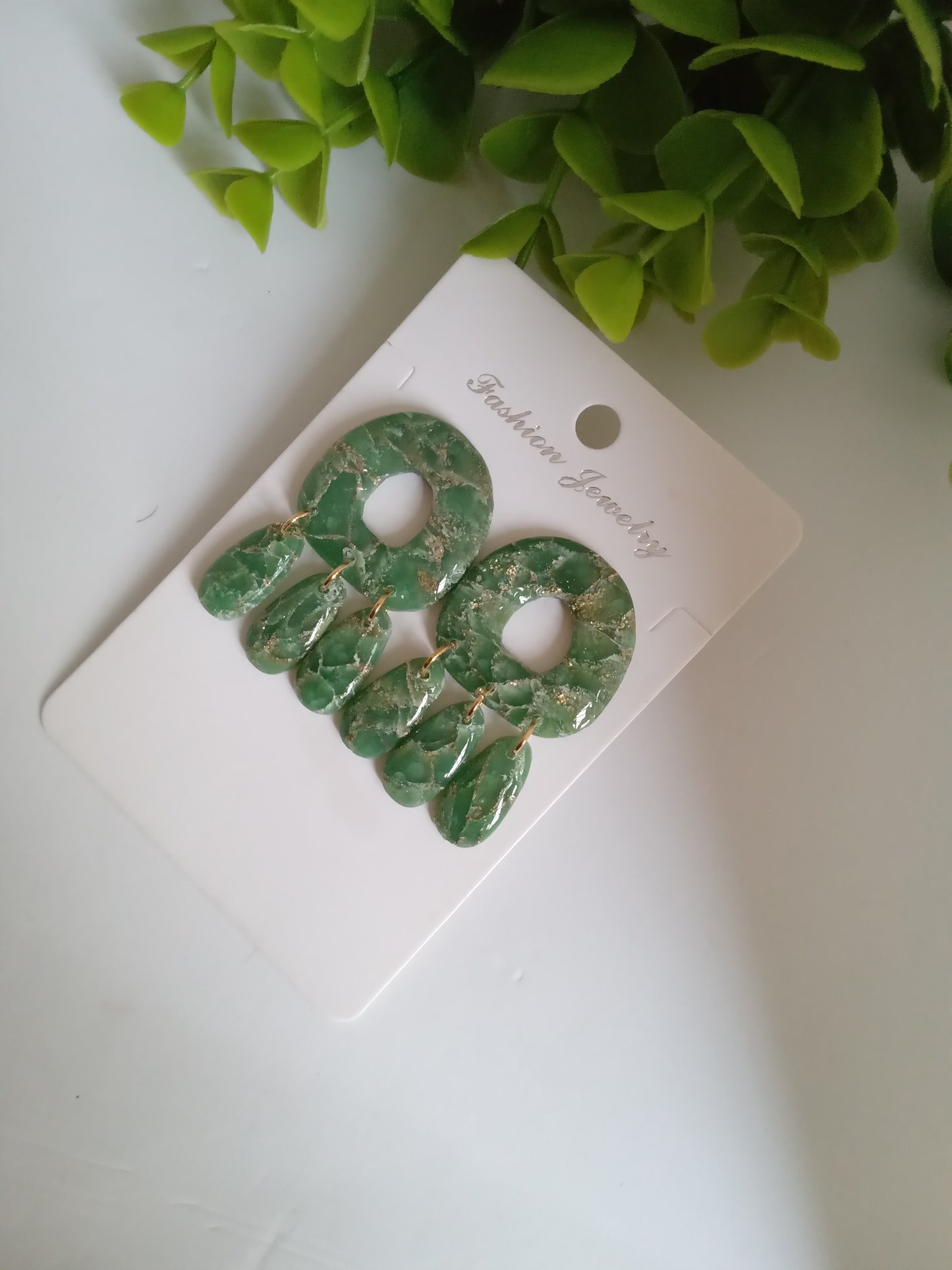 Green Marble Statement Dangle Earrings – Handmade Lightweight Drop Earrings for Women, Elegant Boho Jewelry Gift