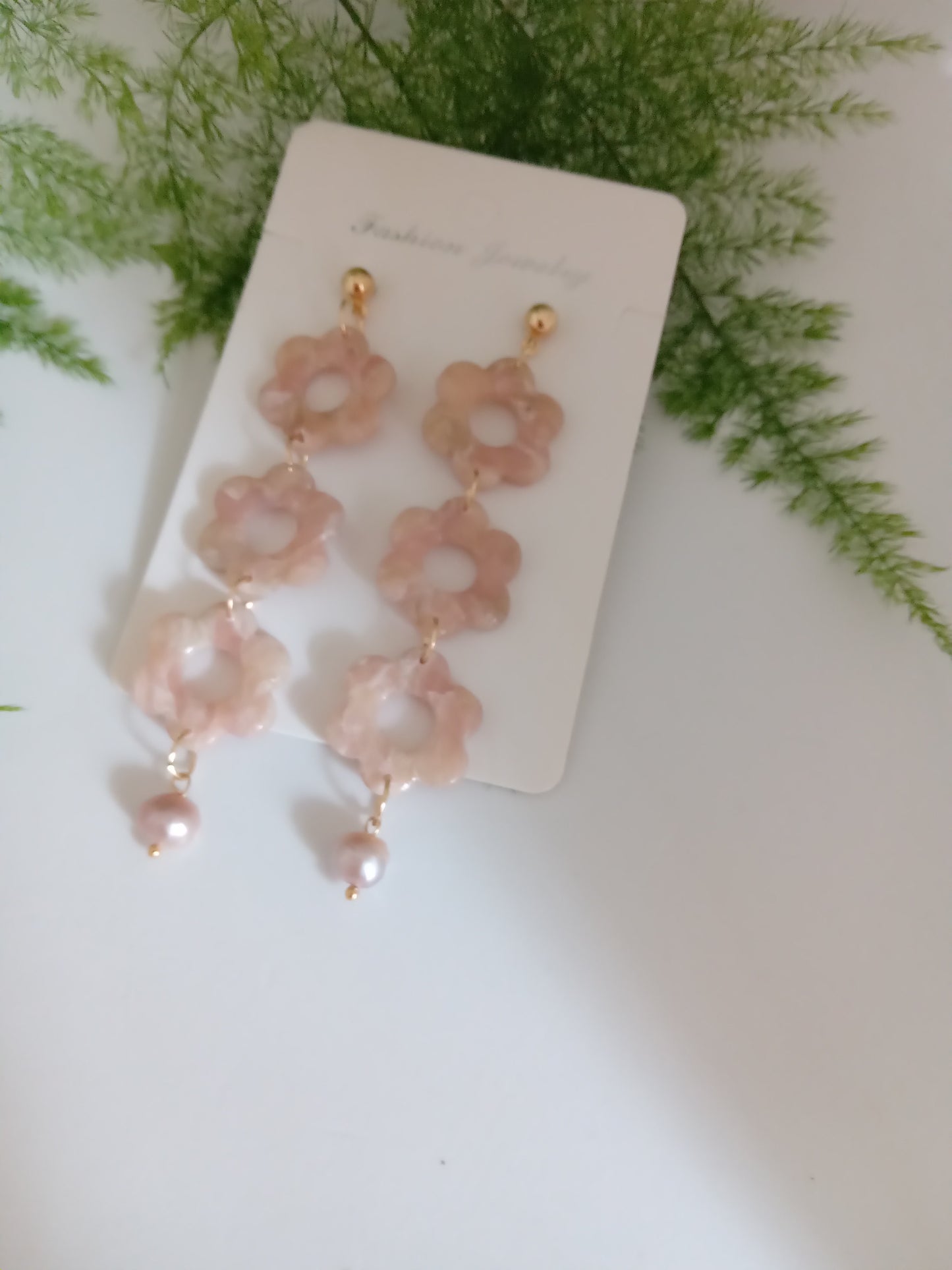 Handmade Pink Flower Earrings with Fresh Water Pearl - Lightweight Floral Dangle Jewelry for Women
