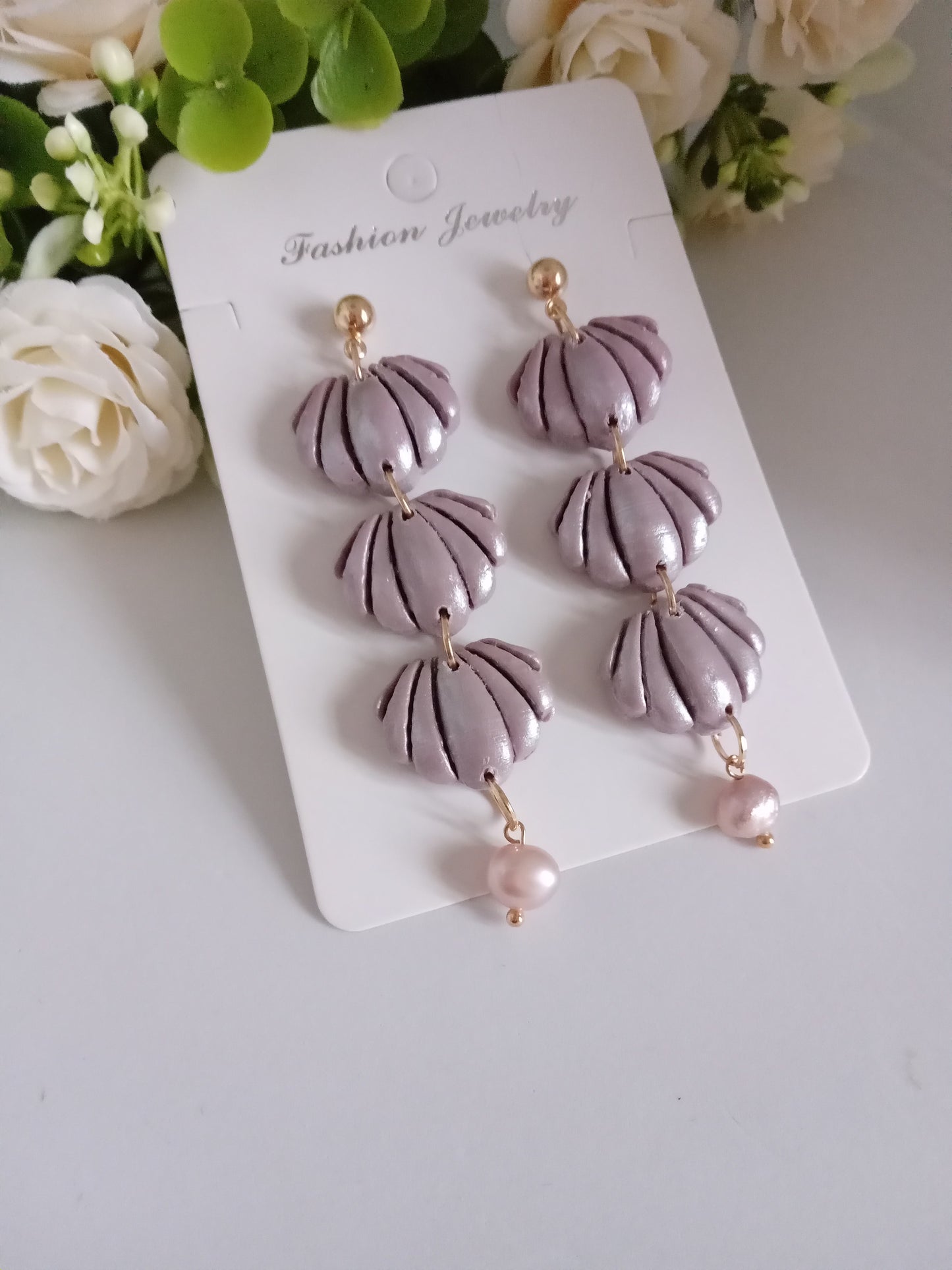 Handmade Lilac Shell Earrings - Fresh Water Pearl Statement Jewelry