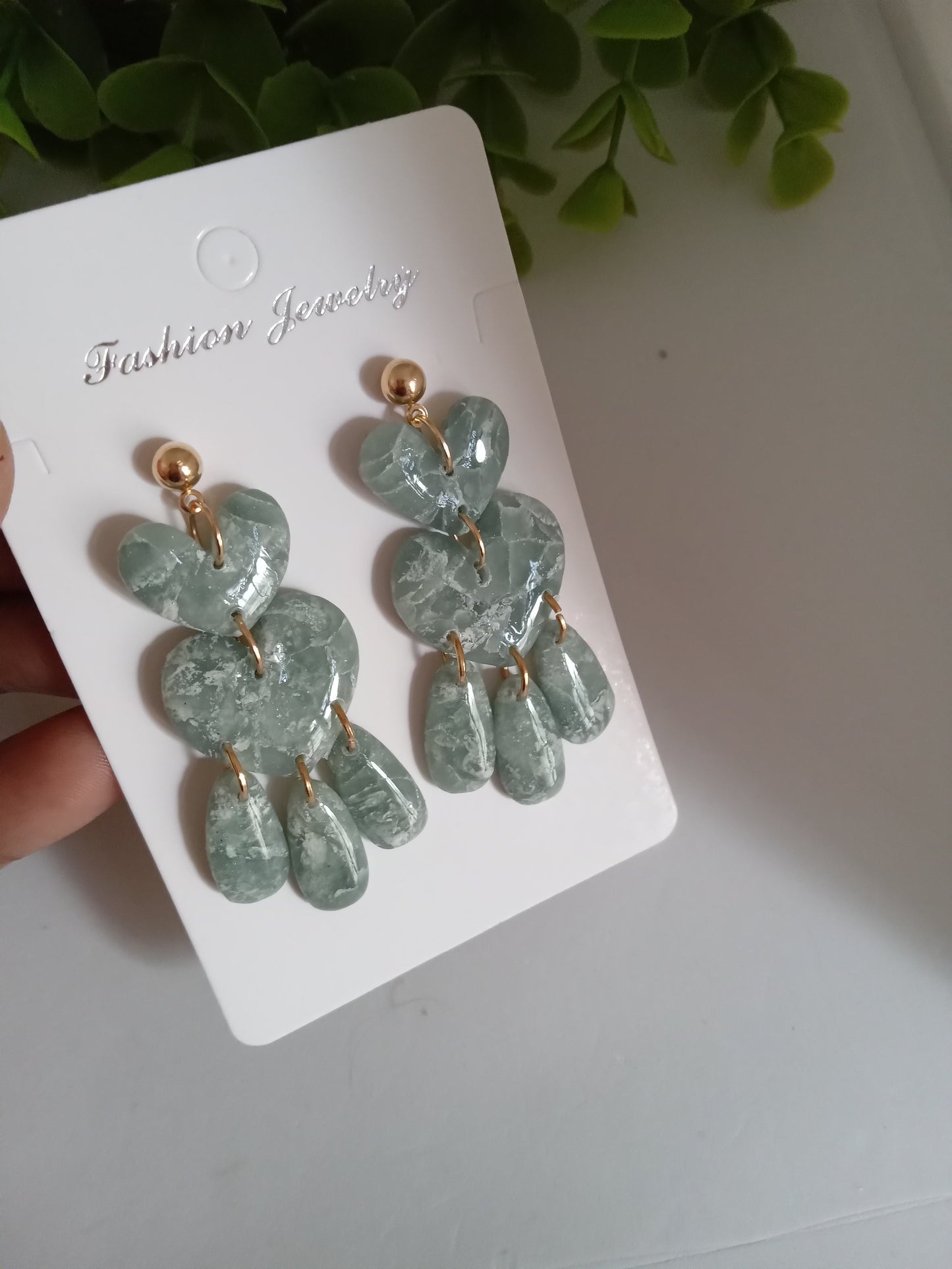 Green Marble Heart Dangle Earrings - Lightweight Clay Statement Jewelry