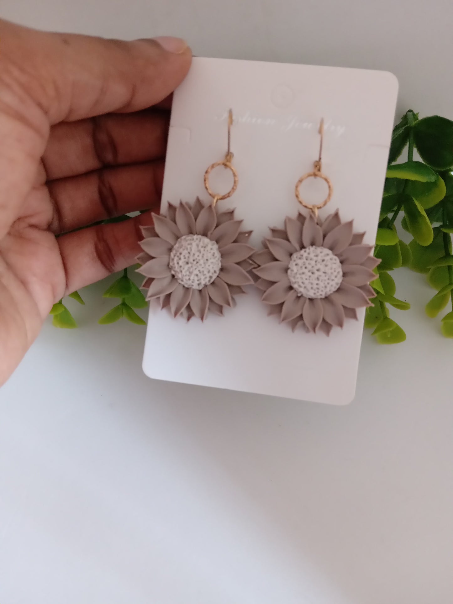 Polymer Clay Sunflower Earrings- Handmade Beige Flower Dangles for Women