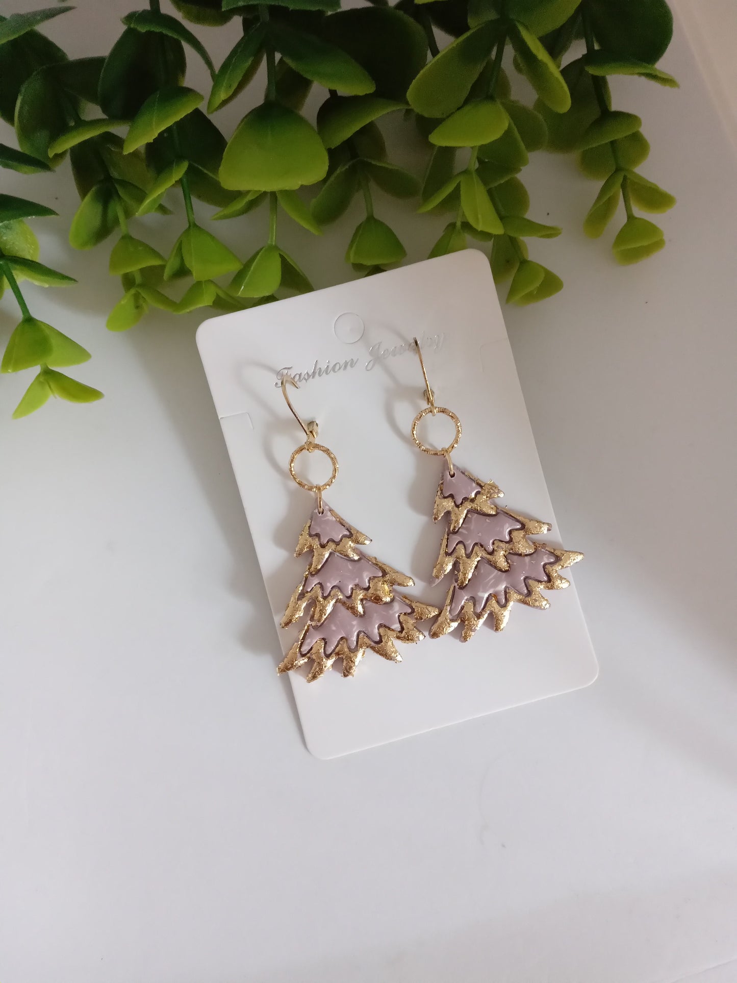 Bold Christmas Tree Polymer Clay Earrings with Gold Foil - Handmade Holiday Jewelry for Women