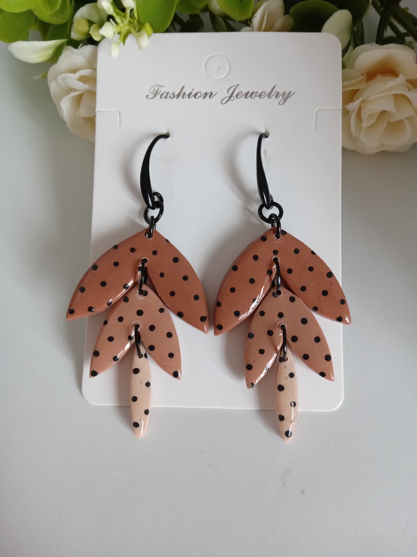 Polka Dot Leaf Dangle Earrings - Handmade Polymer Clay Jewelry