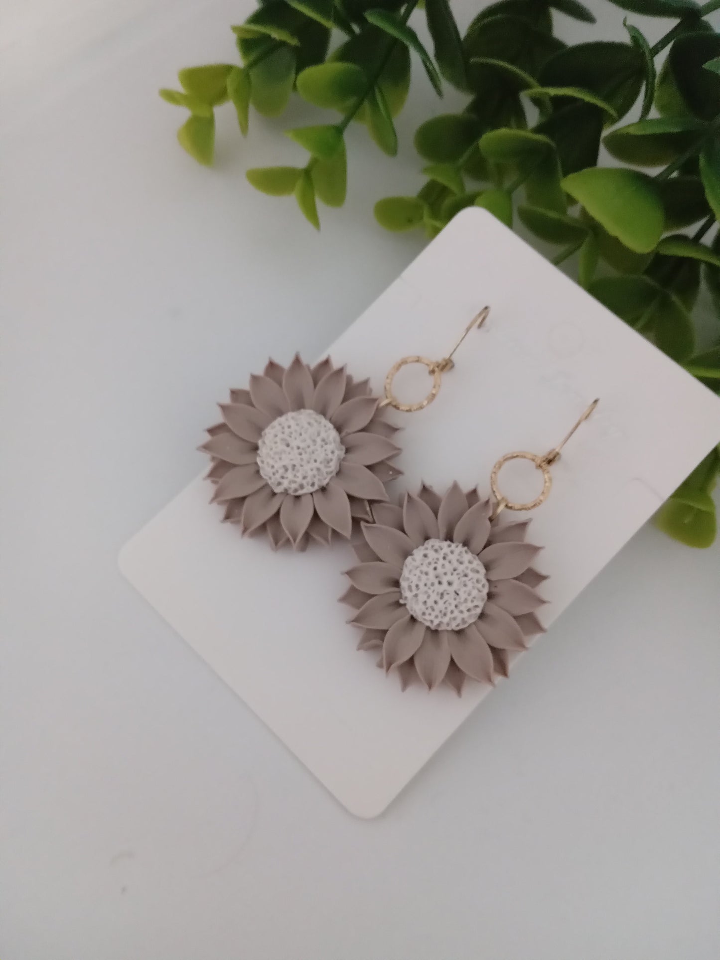 Polymer Clay Sunflower Earrings- Handmade Beige Flower Dangles for Women