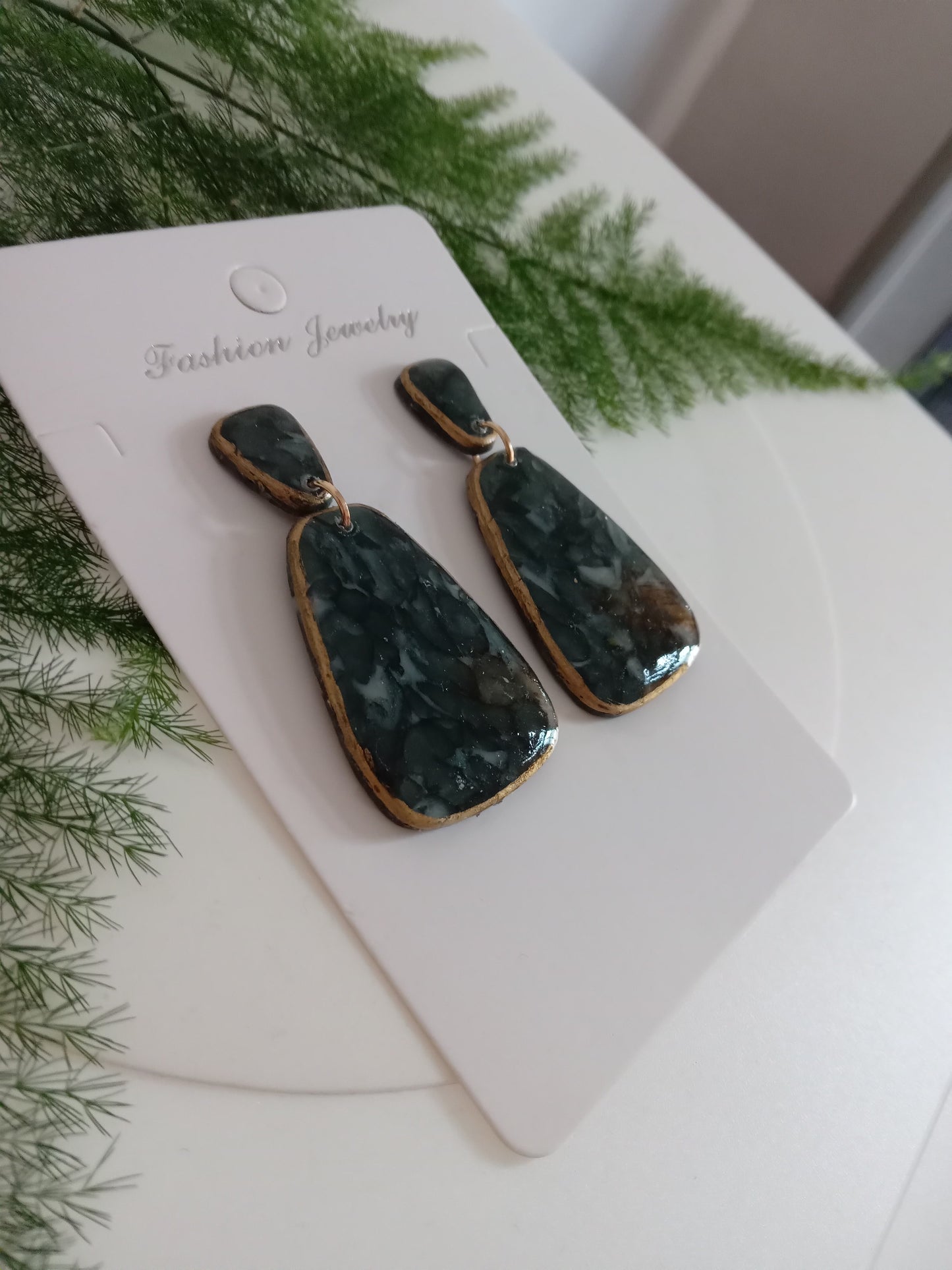 Handmade Dark Green Stone Diamond Drops Earrings - Lightweight Statement Earrings