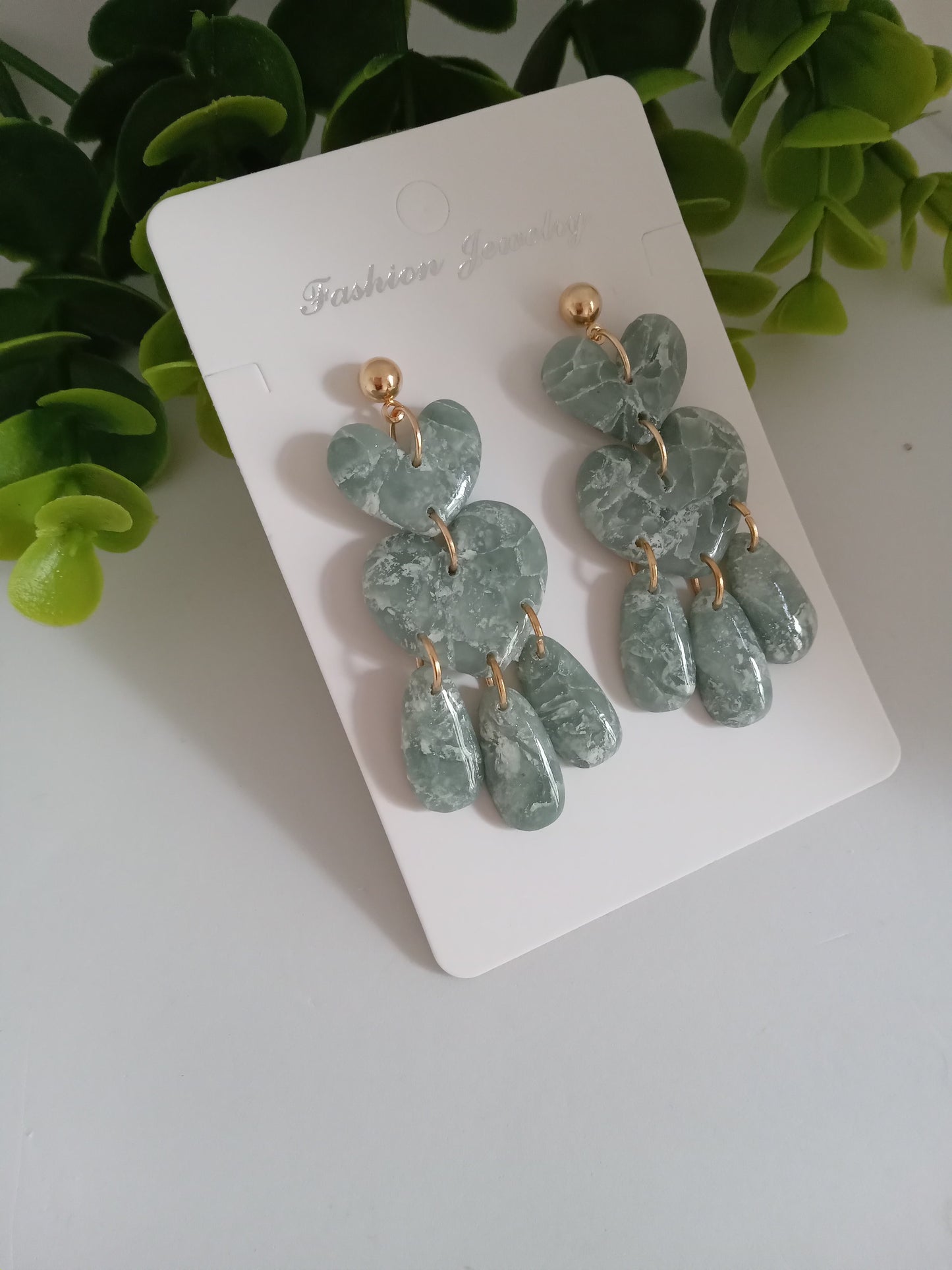 Green Marble Heart Dangle Earrings - Lightweight Clay Statement Jewelry