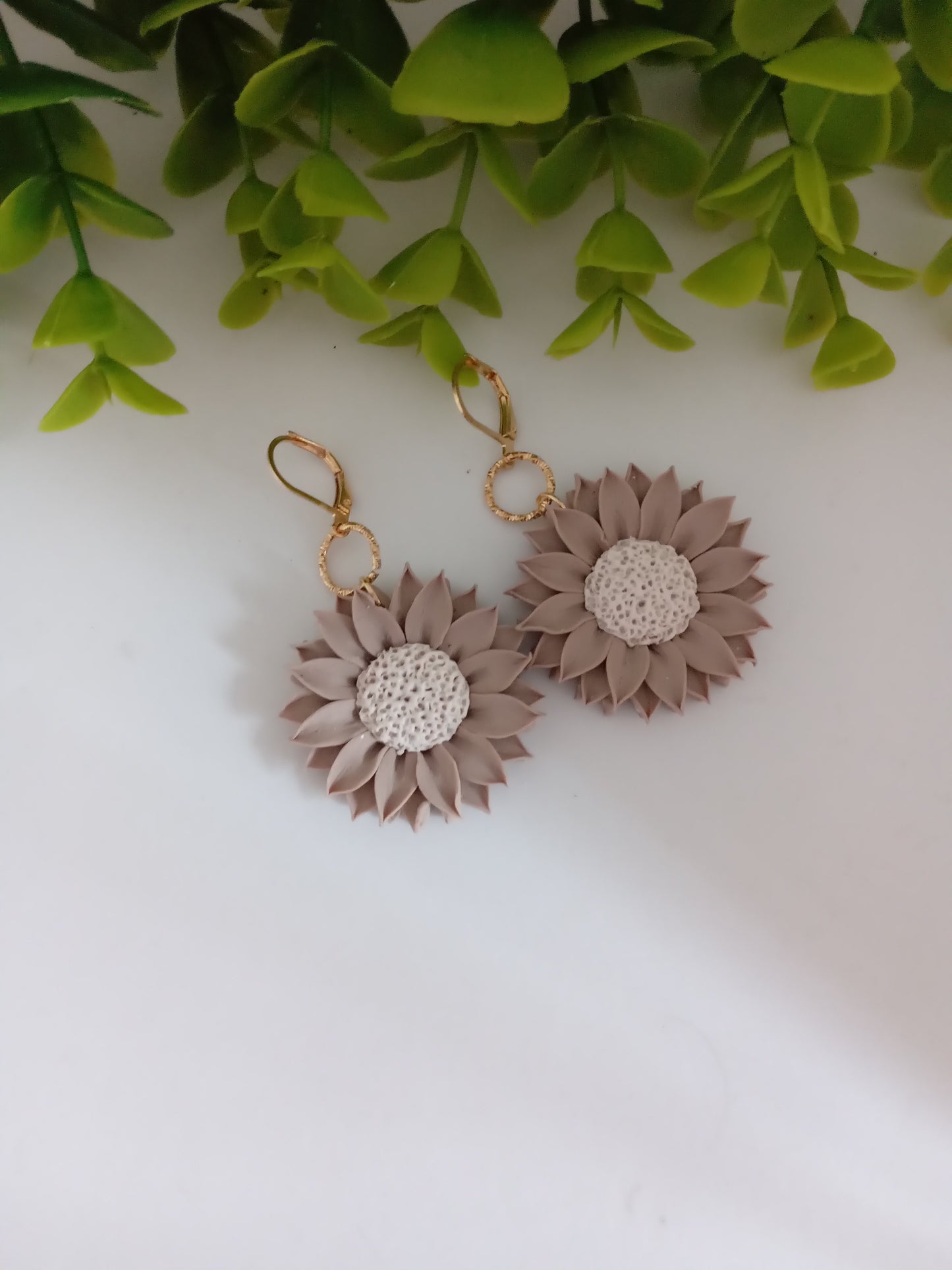 Polymer Clay Sunflower Earrings- Handmade Beige Flower Dangles for Women