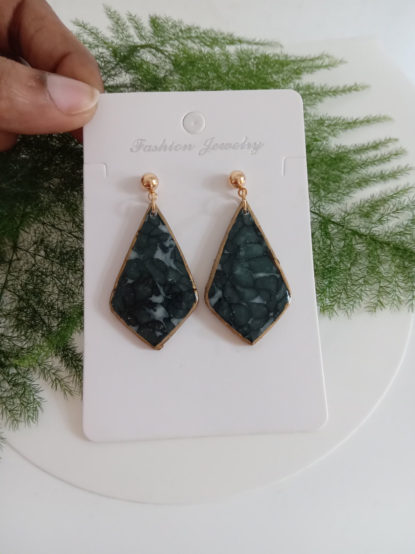 Handmade Dark Green Stone Diamond Drops Earrings - Lightweight Statement Earrings