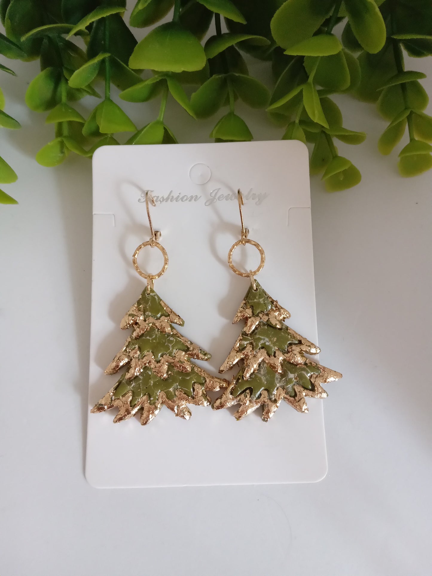 Bold Christmas Tree Earrings with Gold Foil- Handmade Holiday Jewelry for Women