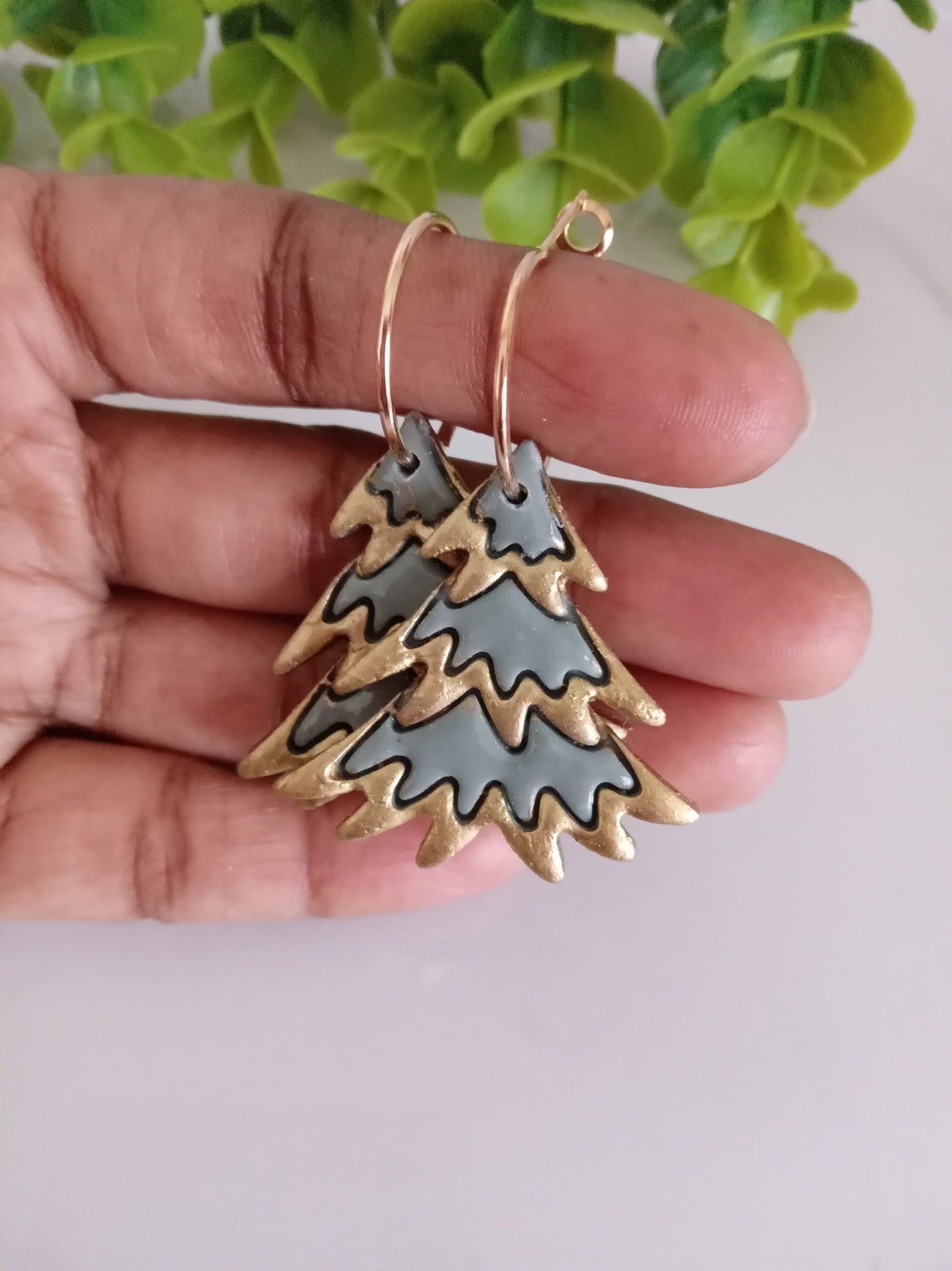Christmas Tree Hoop Earrings – Handmade Polymer Clay Holiday Jewelry Gift for Women