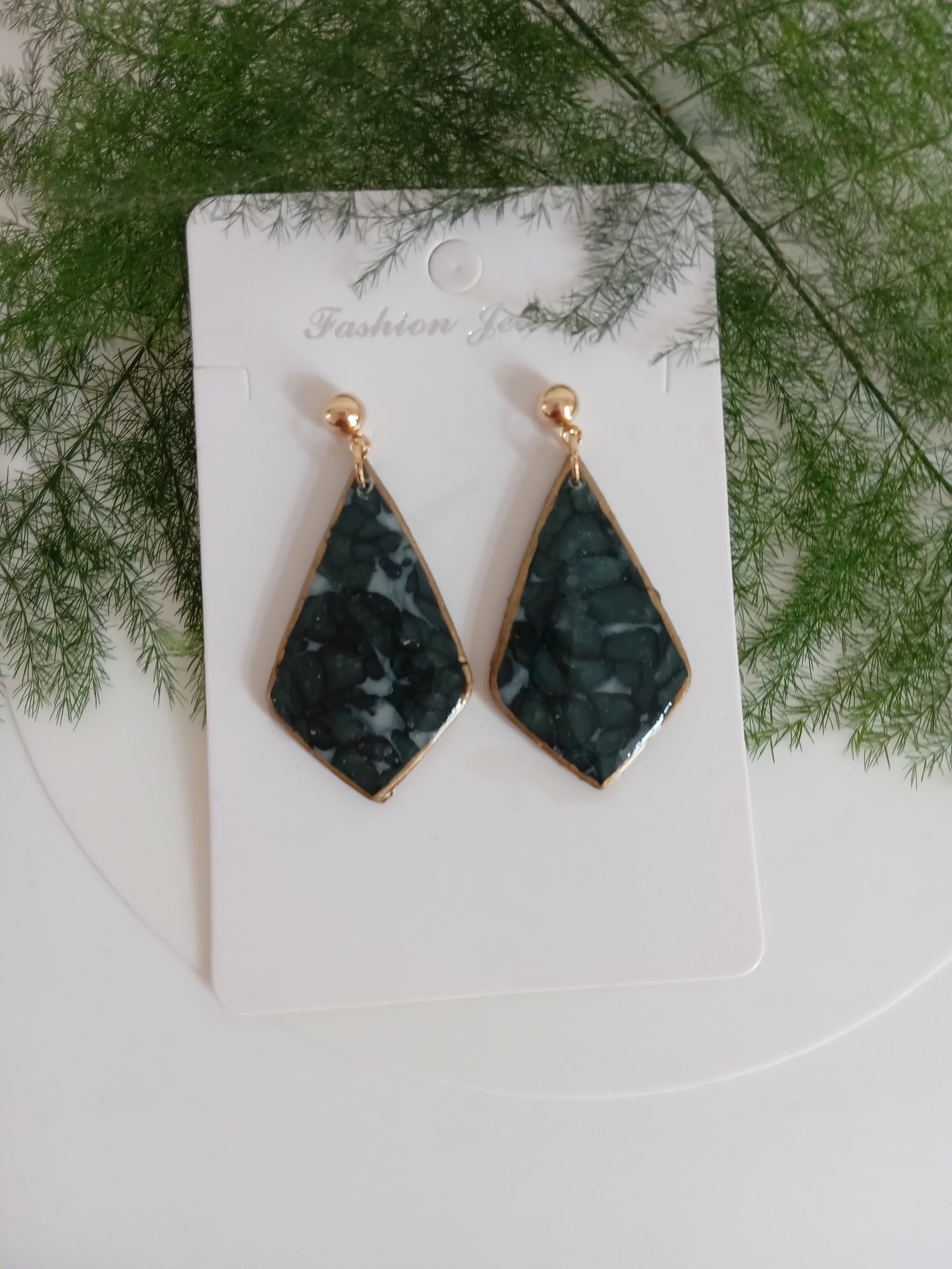 Handmade Dark Green Stone Diamond Drops Earrings - Lightweight Statement Earrings