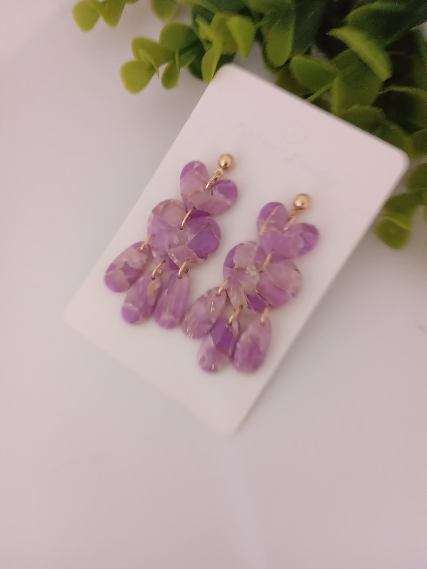 Purple Marble Heart Dangle Earrings - Lightweight Clay Statement Jewelry