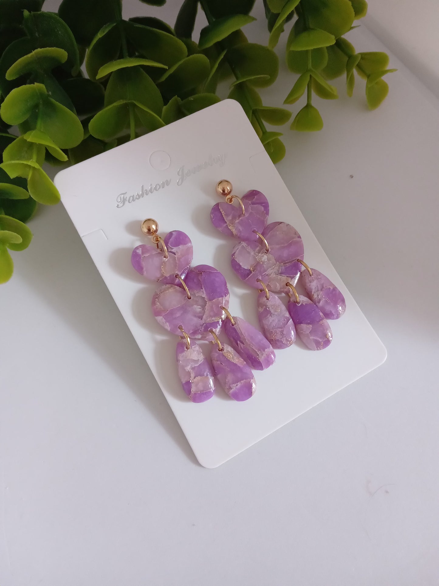 Purple Marble Heart Dangle Earrings - Lightweight Clay Statement Jewelry