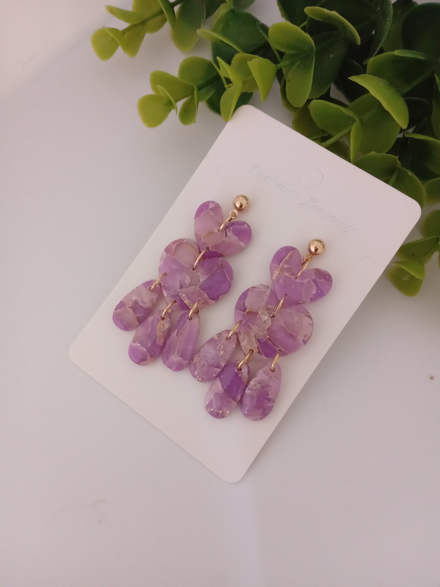 Purple Marble Heart Dangle Earrings - Lightweight Clay Statement Jewelry