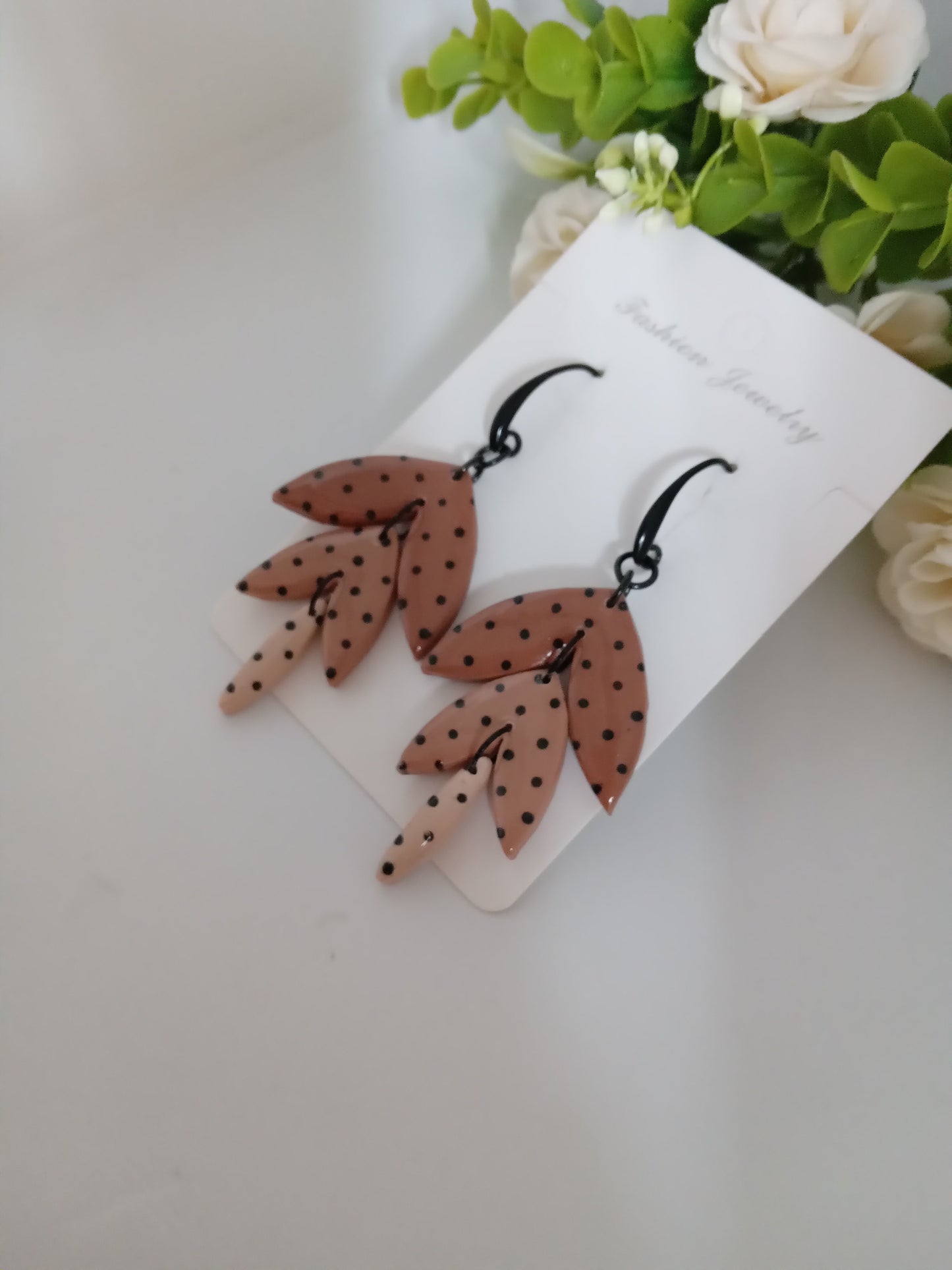 Polka Dot Leaf Dangle Earrings - Handmade Polymer Clay Jewelry