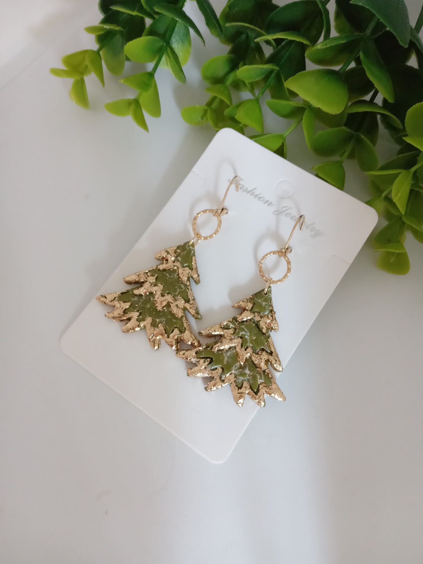 Bold Christmas Tree Earrings with Gold Foil- Handmade Holiday Jewelry for Women