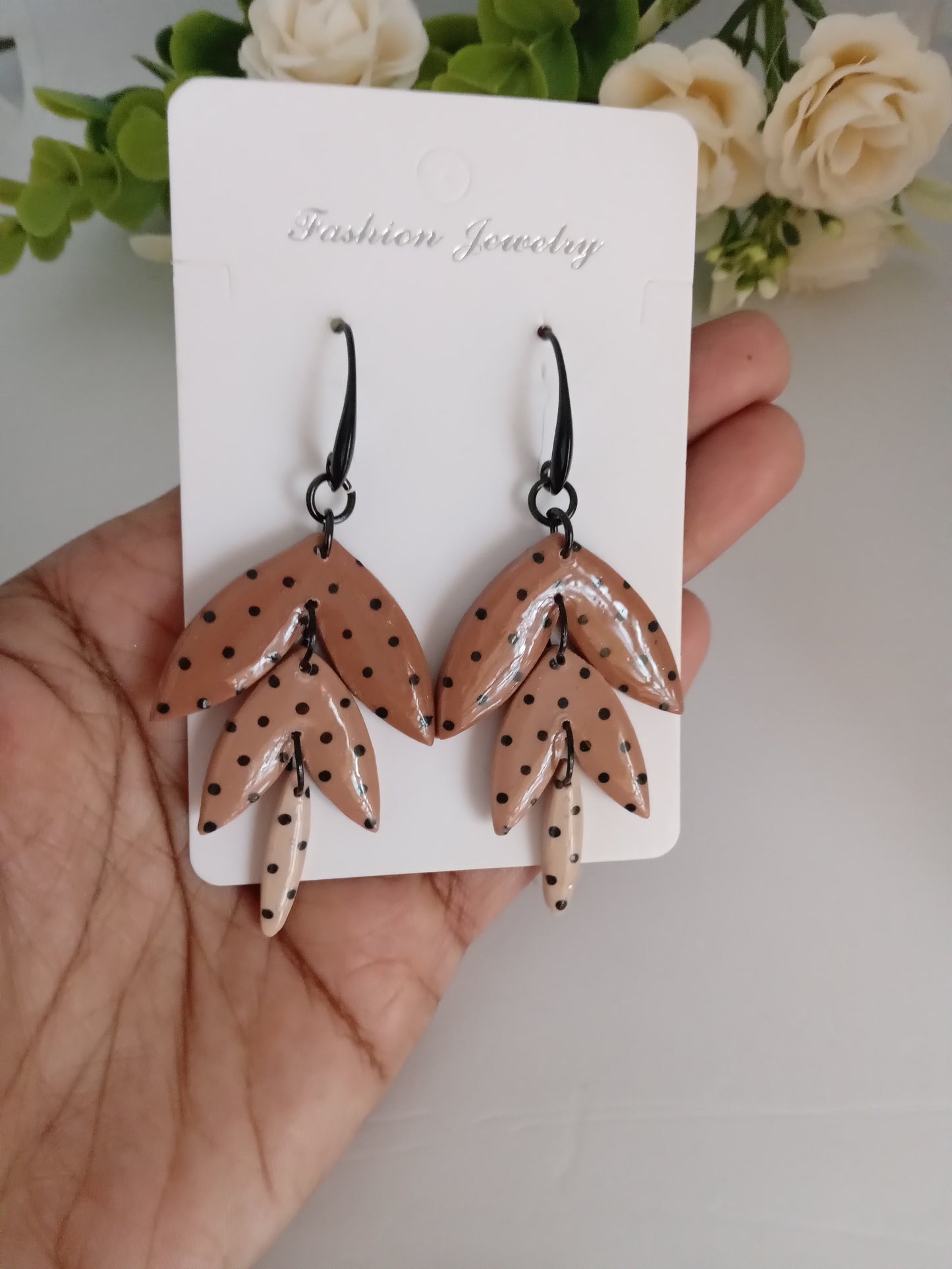 Polka Dot Leaf Dangle Earrings - Handmade Polymer Clay Jewelry