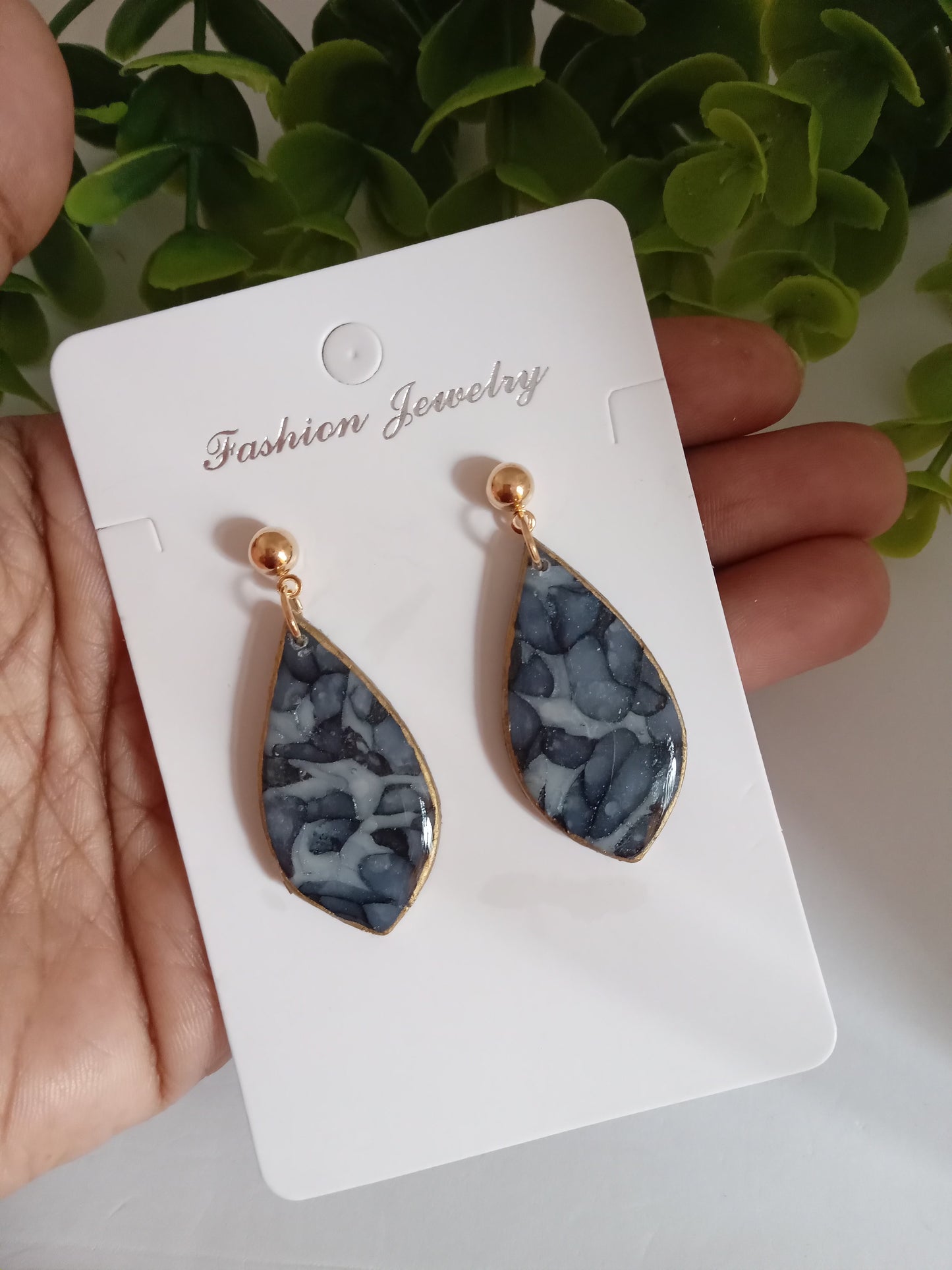 Handmade Blue Marble Resin Drop Earrings - Lightweight &Elegant