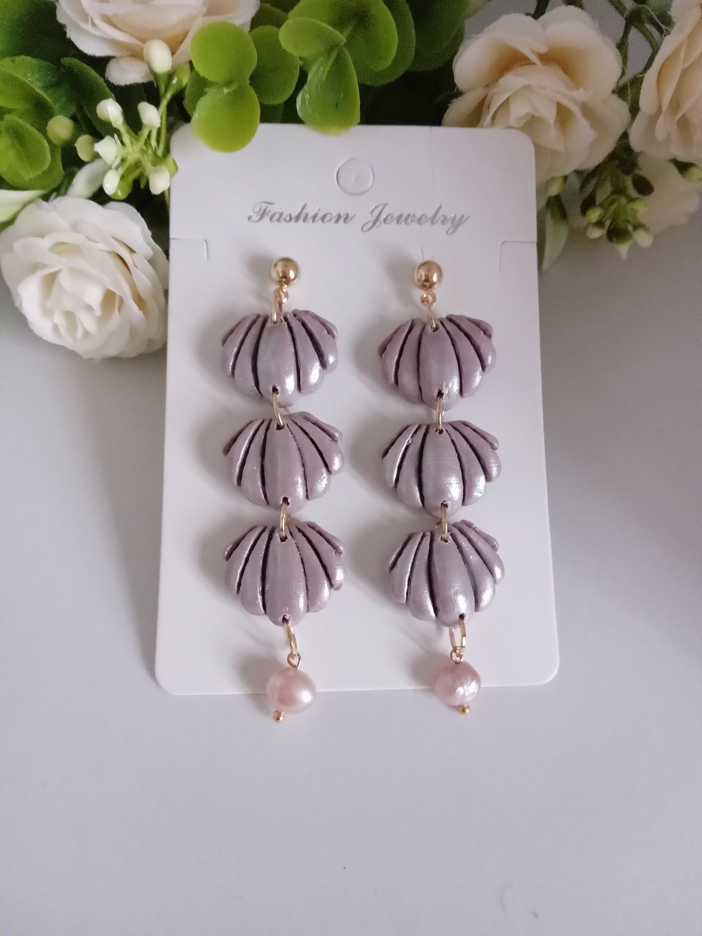 Handmade Lilac Shell Earrings - Fresh Water Pearl Statement Jewelry