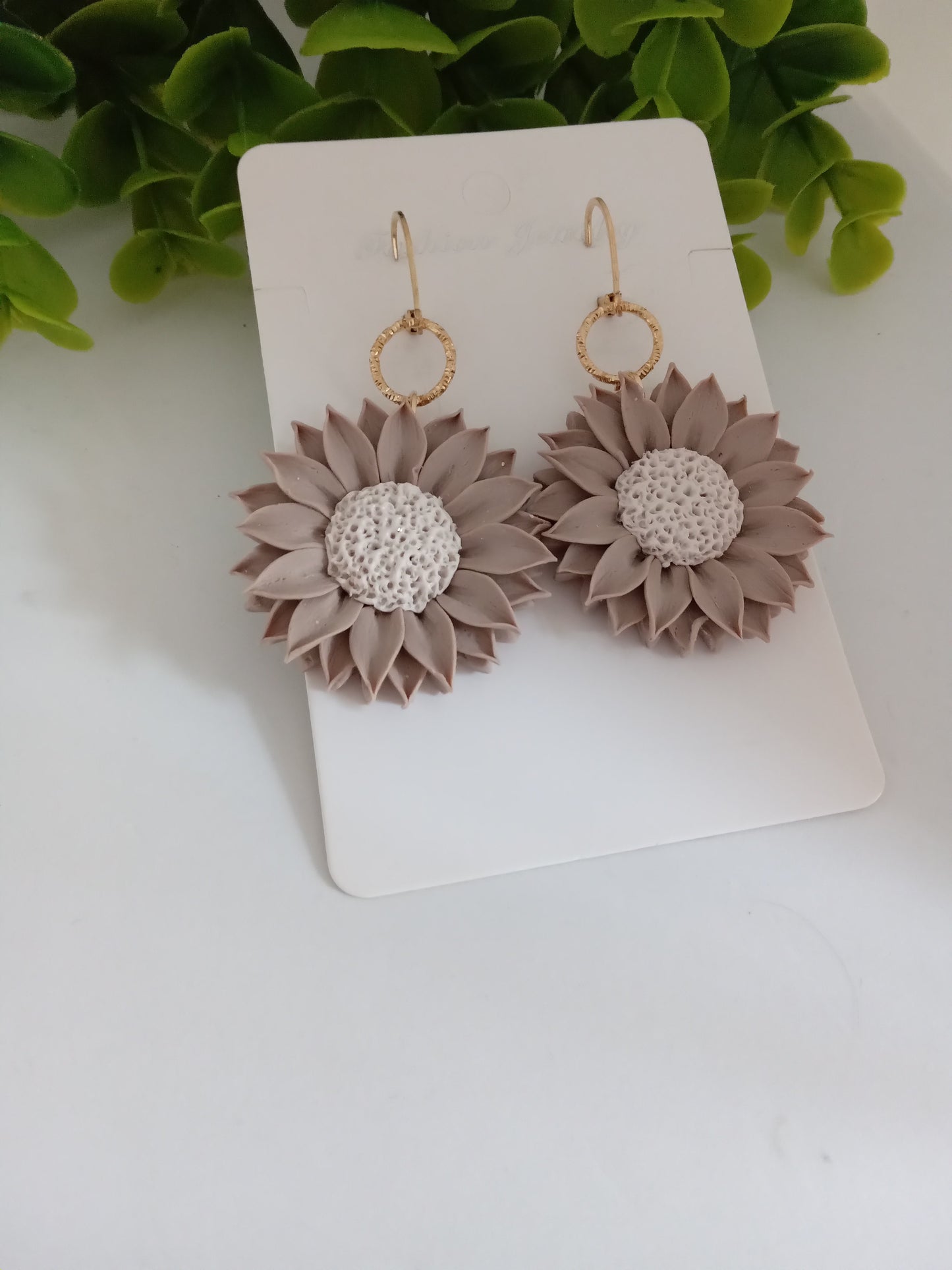 Polymer Clay Sunflower Earrings- Handmade Beige Flower Dangles for Women