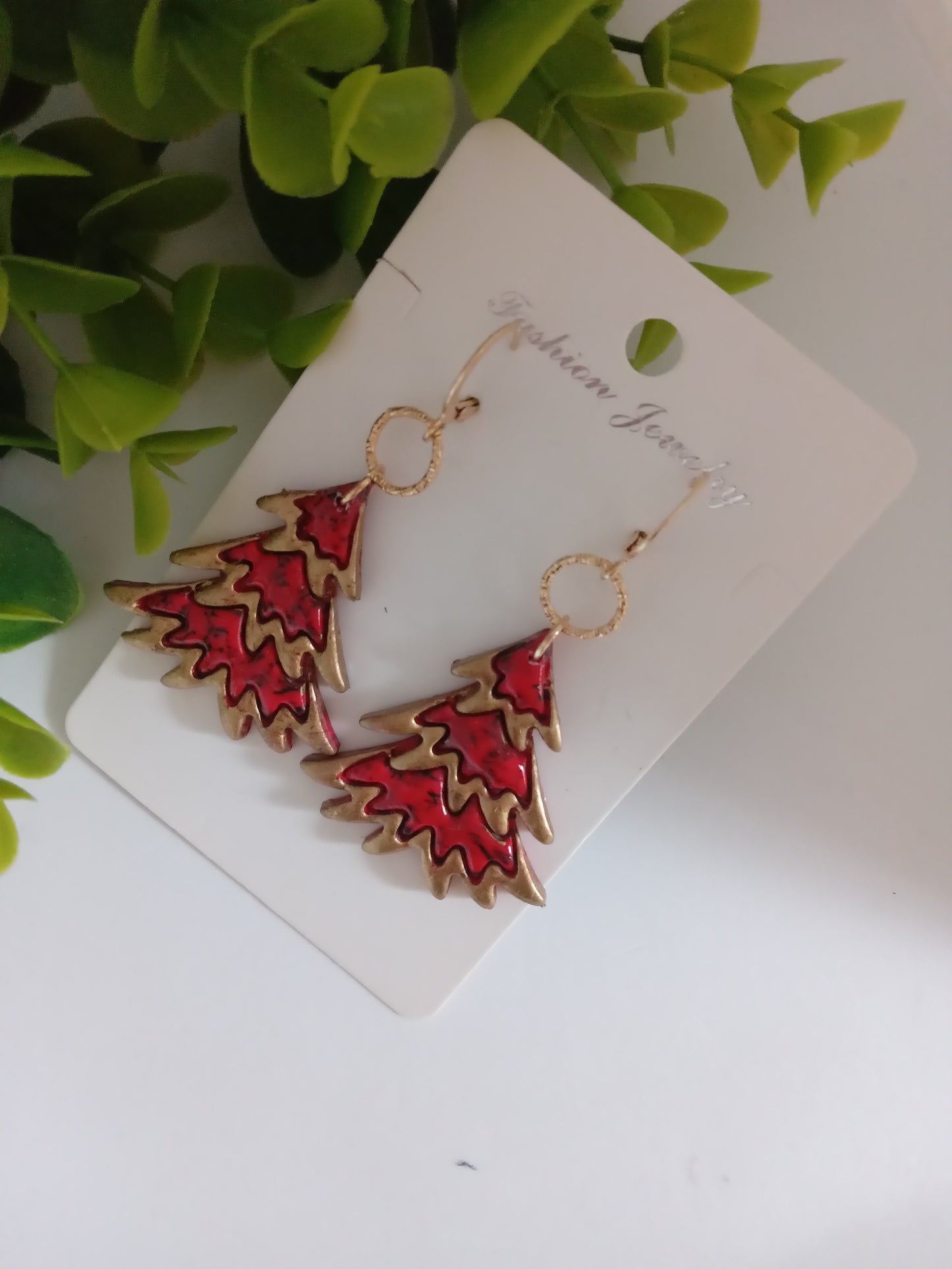 Bold Christmas Tree Earrings with Gold Foil- Handmade Holiday Jewelry for Women