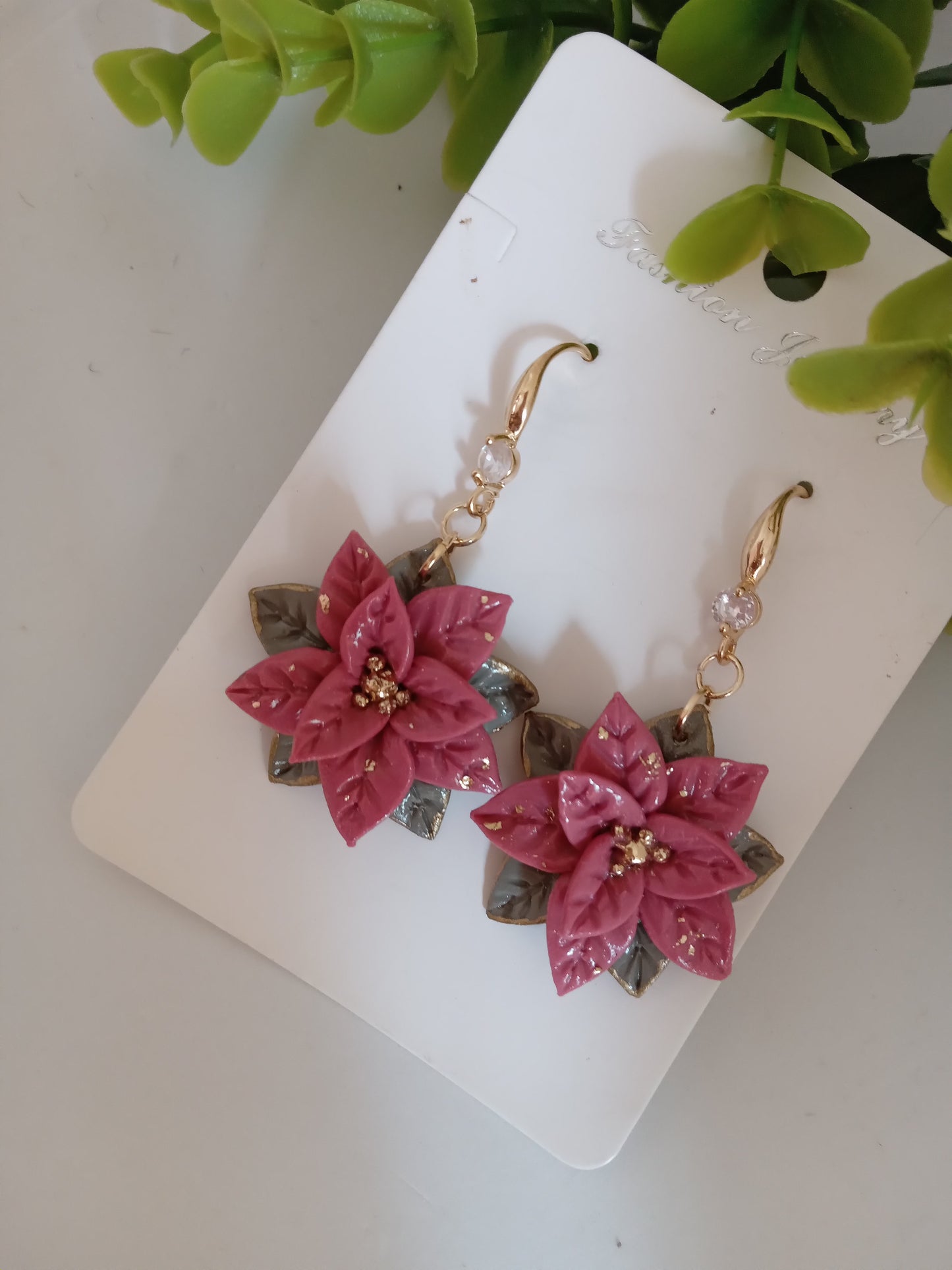 Christmas pink Poinsettia Flower Earrings – Handmade Holiday Dangle Earrings, Festive Floral Jewelry Gift for Women