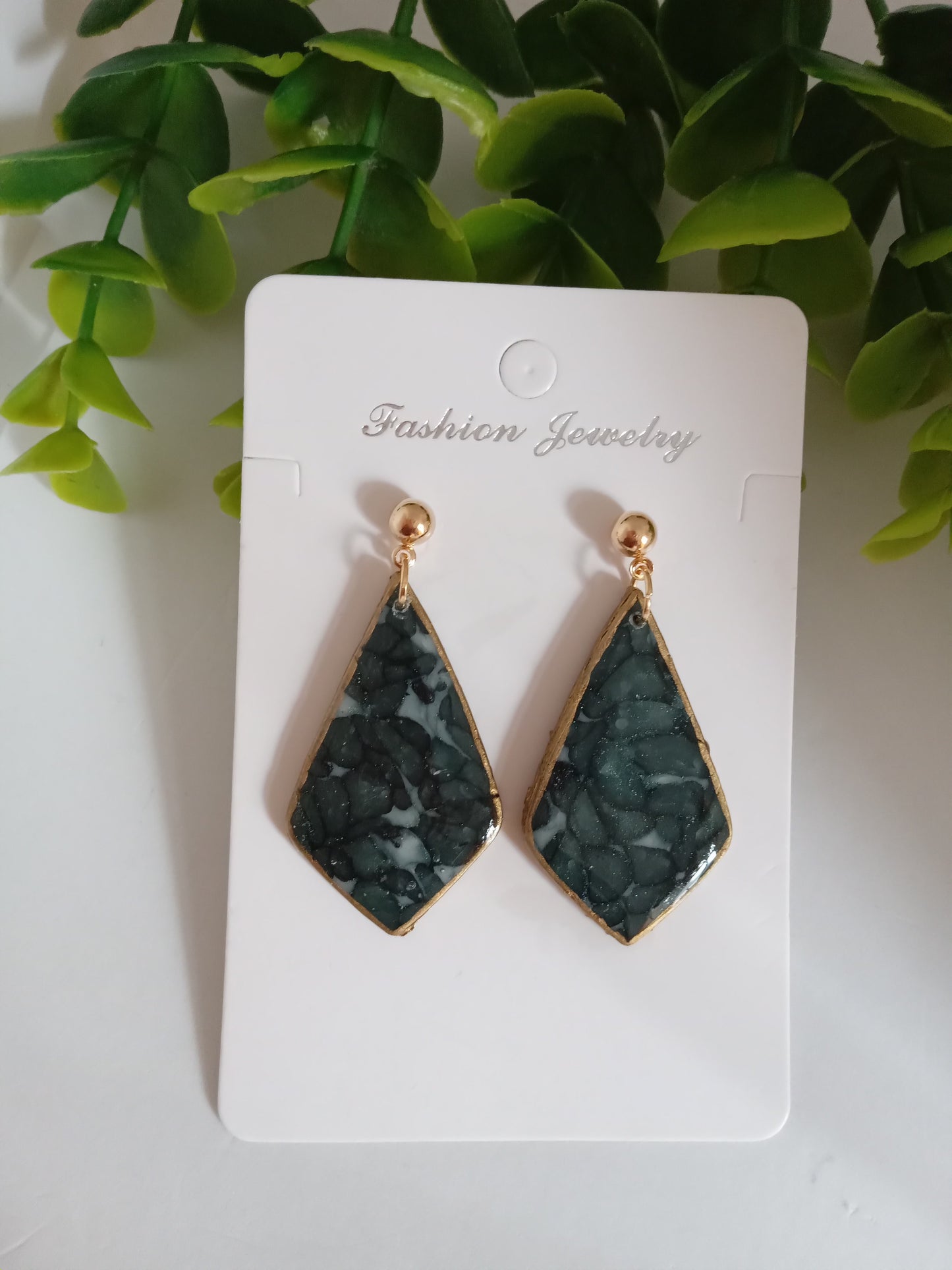 Handmade Dark Green Stone Diamond Drops Earrings - Lightweight Statement Earrings