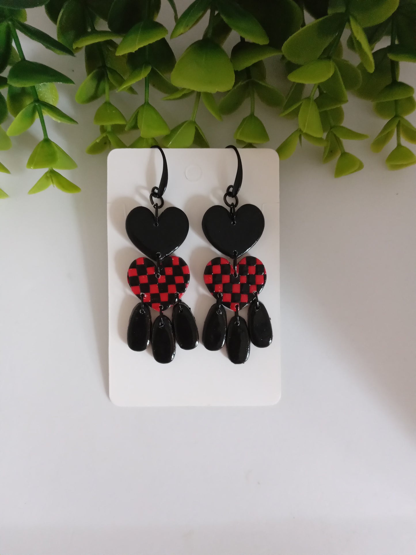 Polymer Clay Earrings Handmade - Bold Red Black Heart Statement Dangles for Her