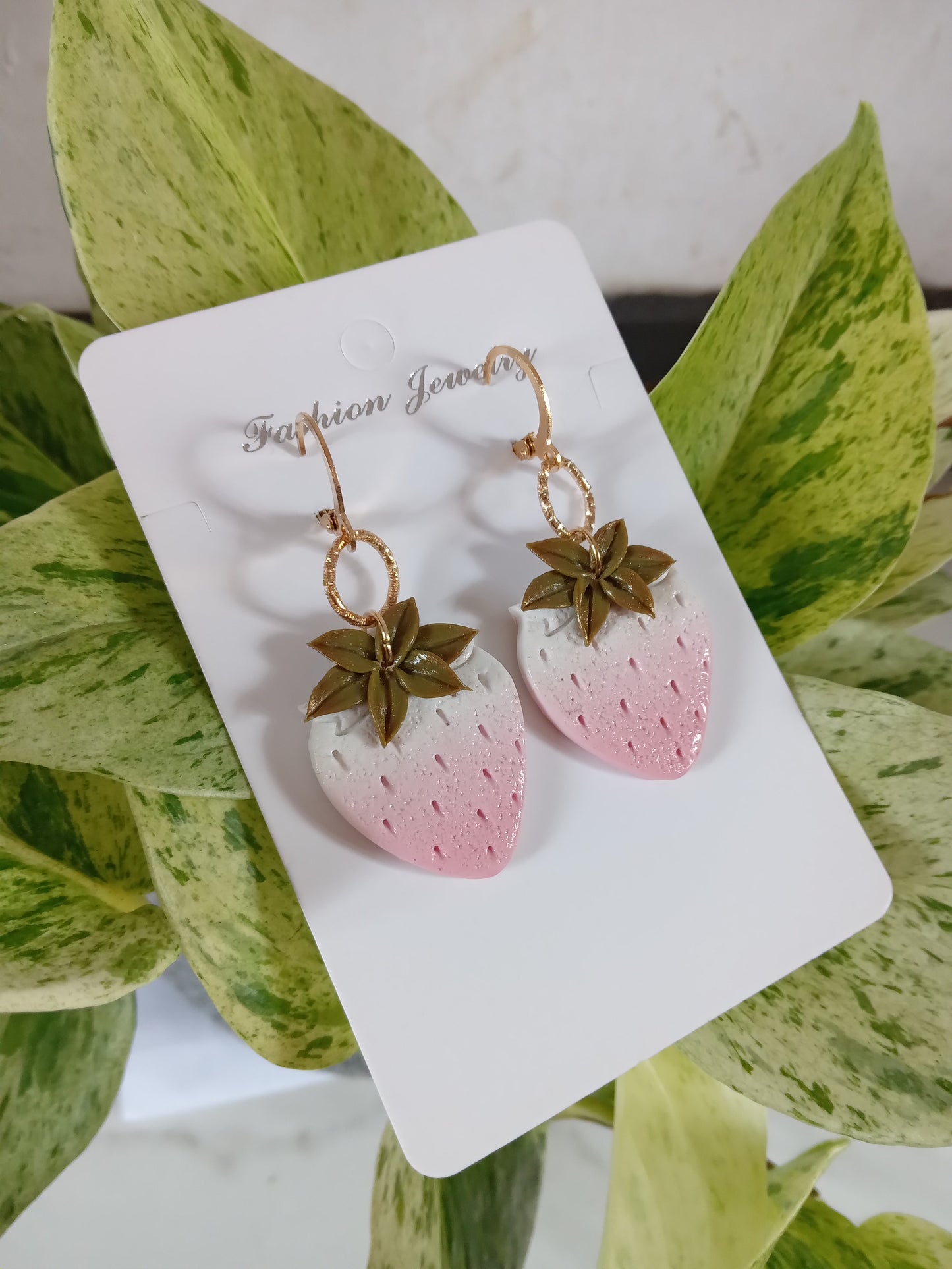 Handmade Dangle Strawberry Earrings - Pink White Polymer Clay Fruit Jewelry for Women