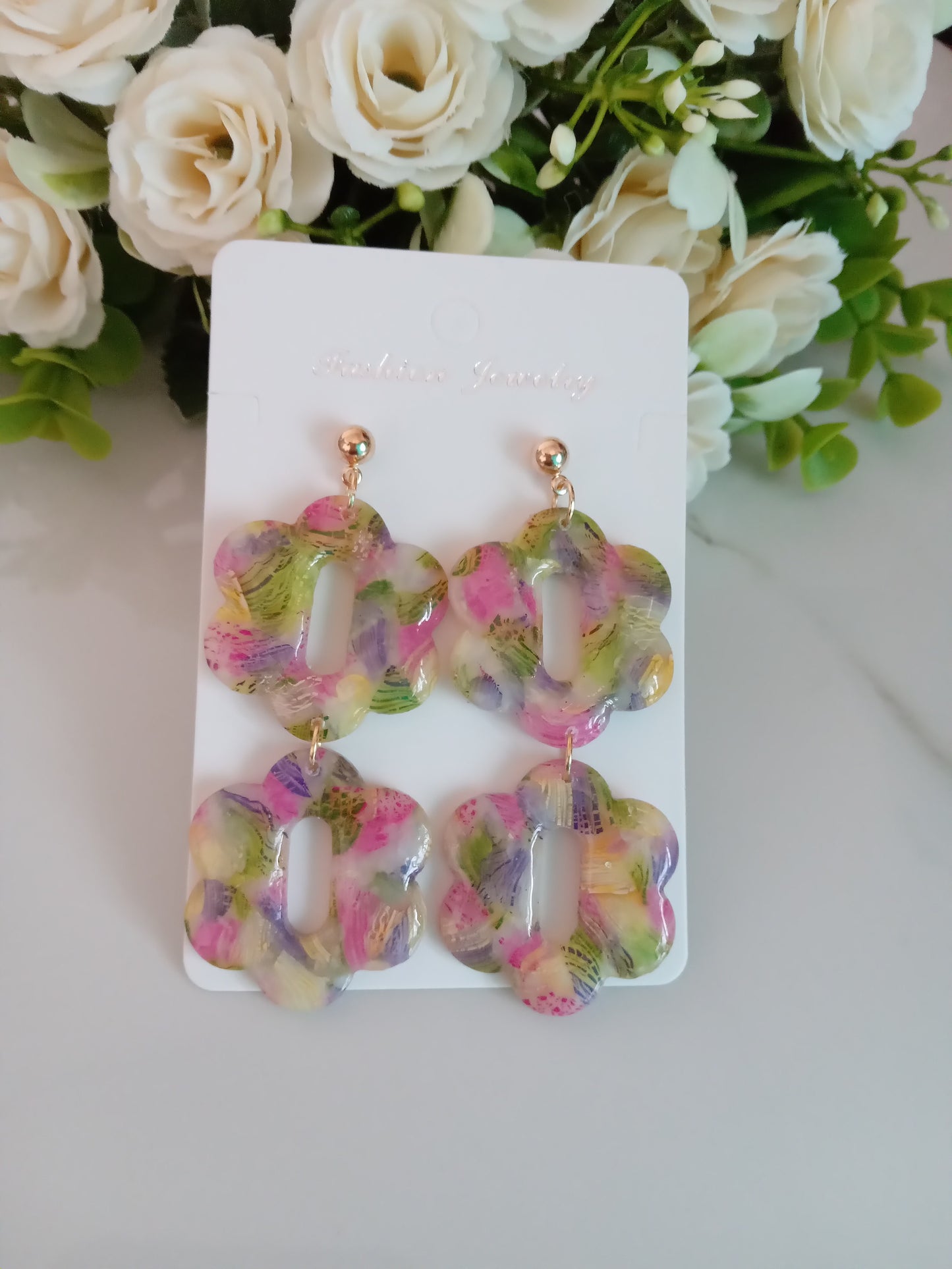 Handmade Clay Earrings- Agate Floral and Modern Geometric Style