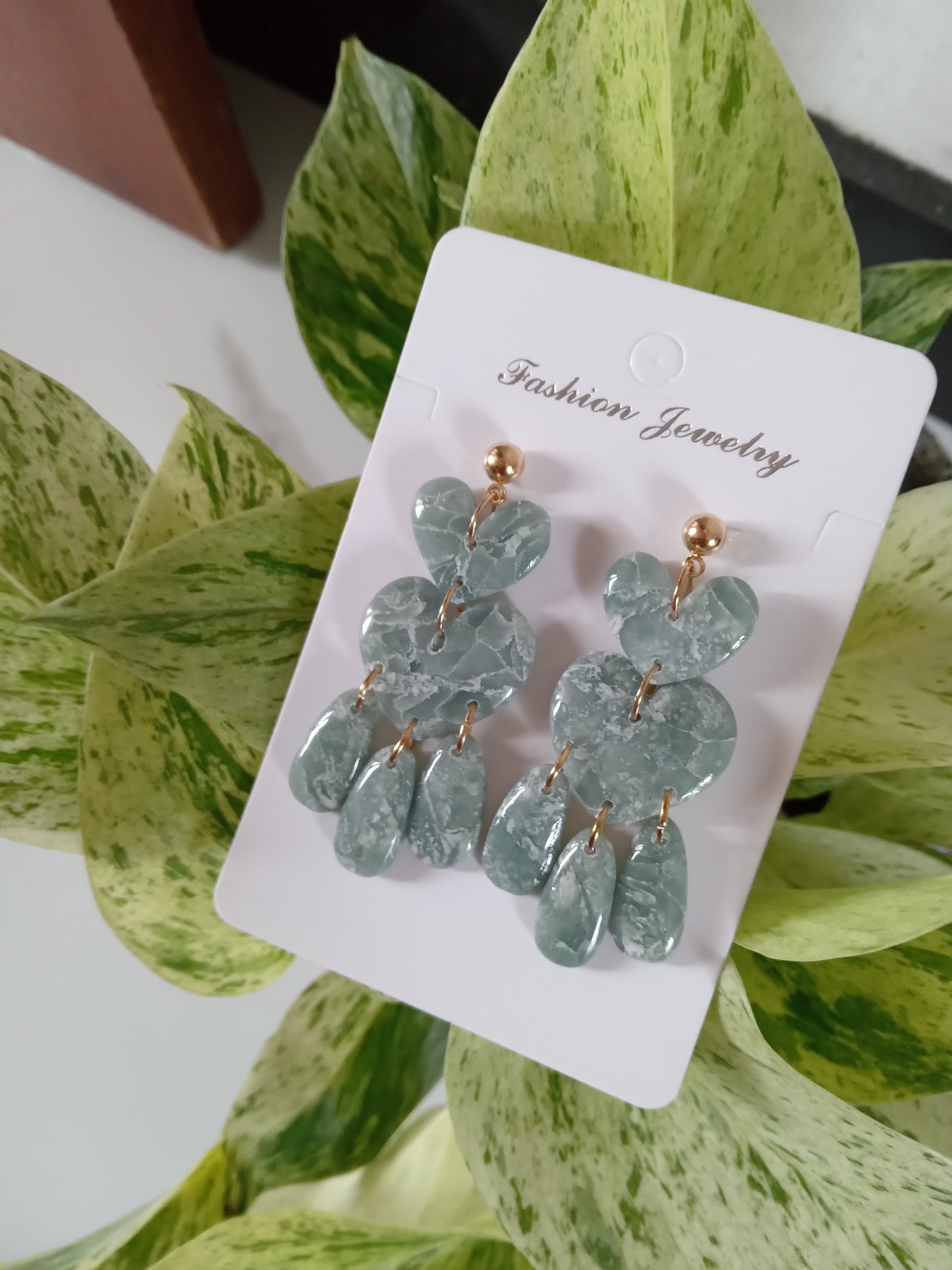 Green Marble Heart Dangle Earrings - Lightweight Clay Statement Jewelry